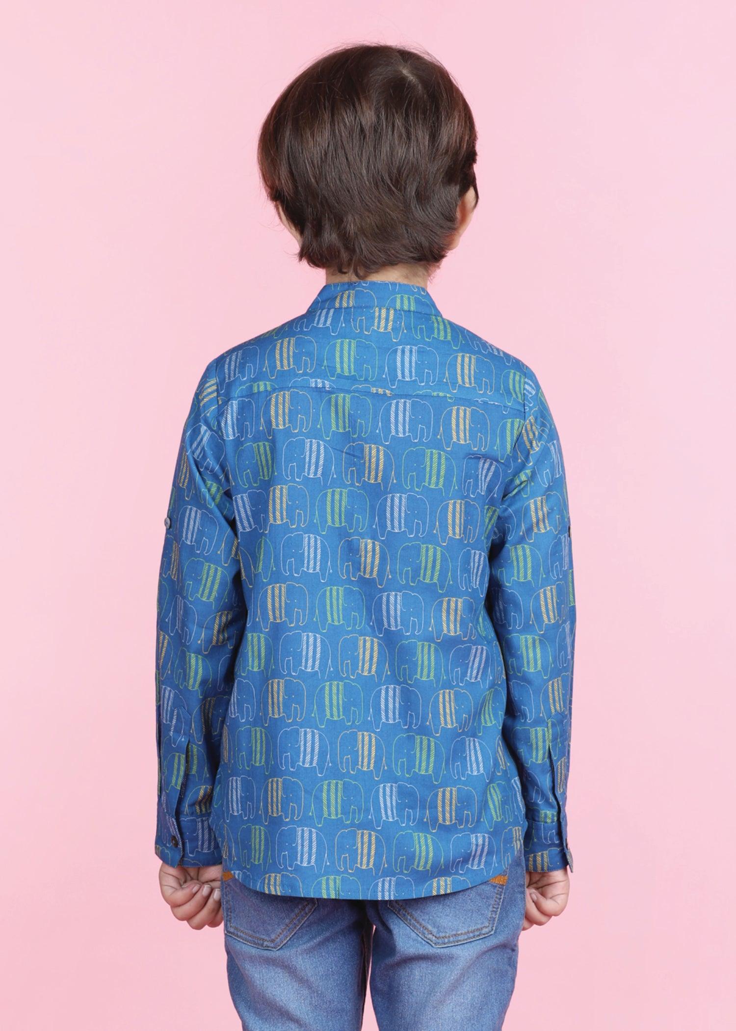 Crayon Elephant Blue  Cotton Full Sleeves Shirt Boy  (6 Months -12 Years) Ratan Texprocess Pvt. Ltd