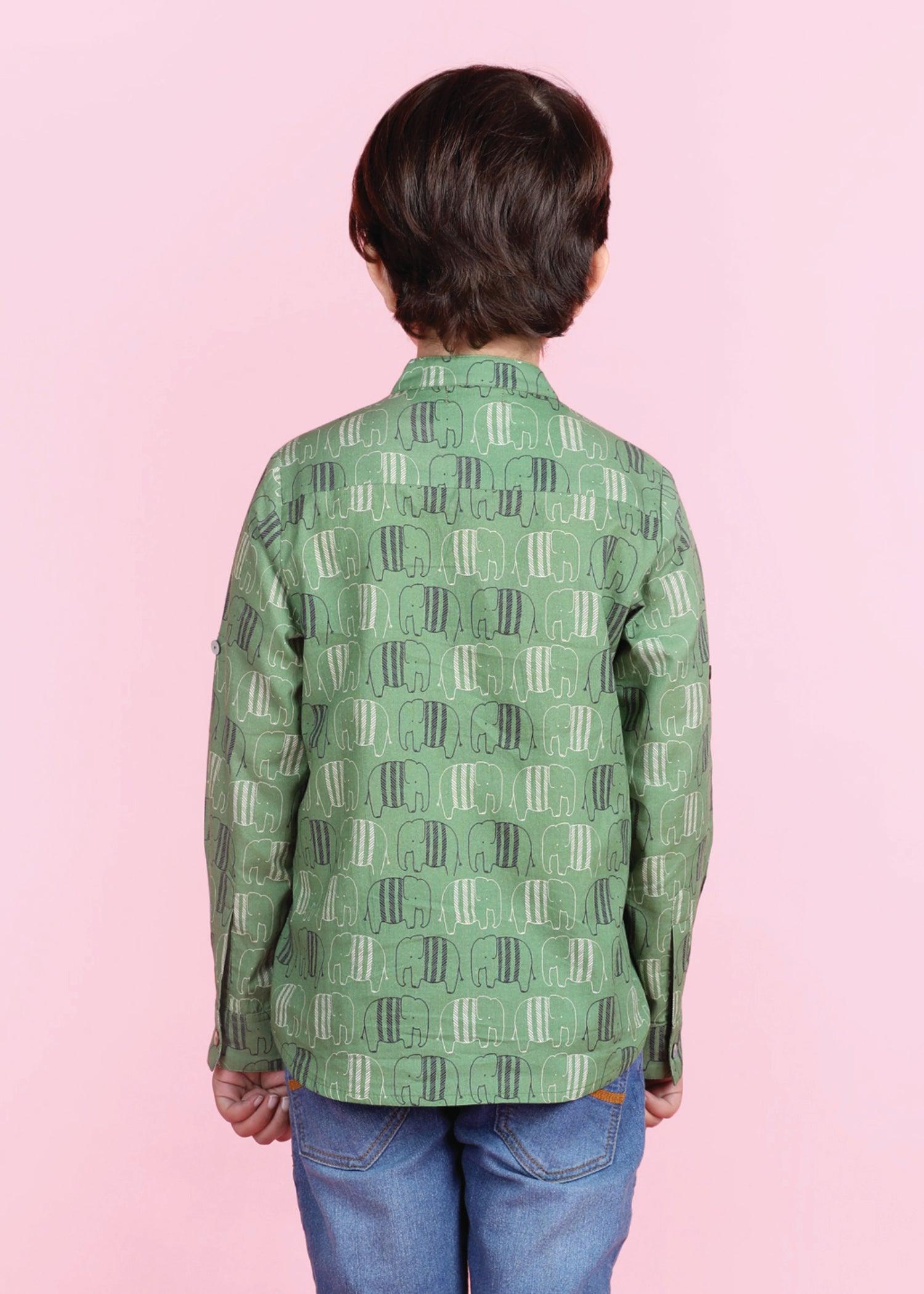 Crayon Elephant Green  Cotton Full Sleeves Shirt Boy  (6 Months -12 Years) Ratan Texprocess Pvt. Ltd