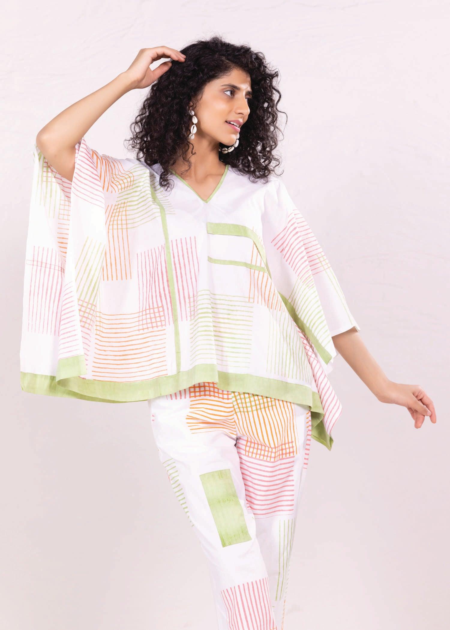 White & Green Loose Cotton V-neck Co-ord Set Ratan Texprocess Pvt. Ltd