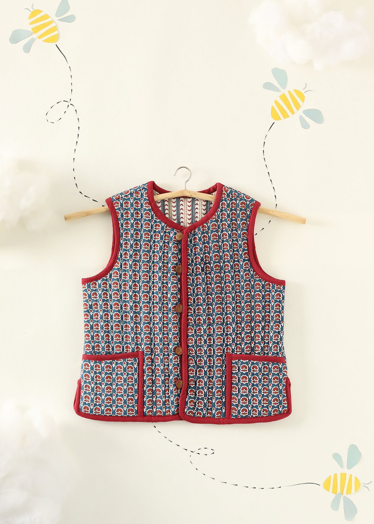 Blue-Red Zinnia Quilted Cotton Reversible Bundi Jacket Unisex (1-7 Years) Ratan Texprocess Pvt. Ltd