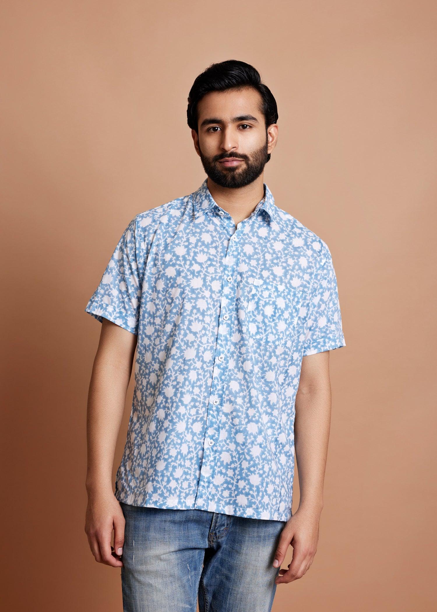 White & Aqua Blue Regular Cotton Half Sleeve Shirt Ratan Texprocess Pvt. Ltd