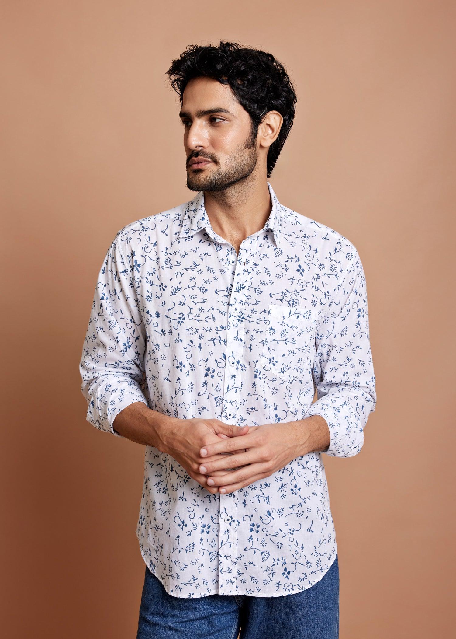 White & Marine Blue Regular Cotton Full Sleeve Shirt Ratan Texprocess Pvt. Ltd