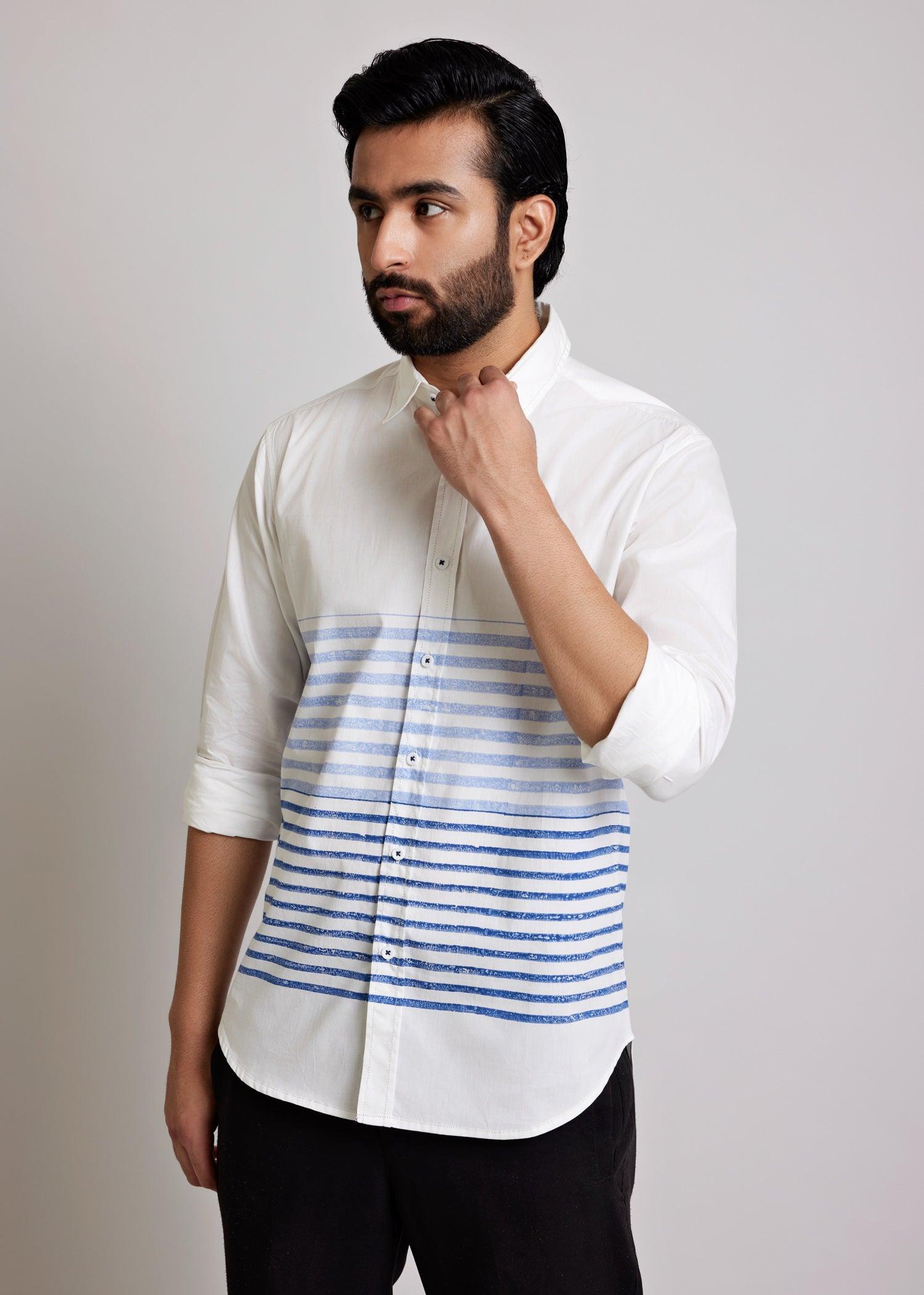 White & Blue Regular Cotton Full Sleeve Shirt Ratan Texprocess Pvt. Ltd