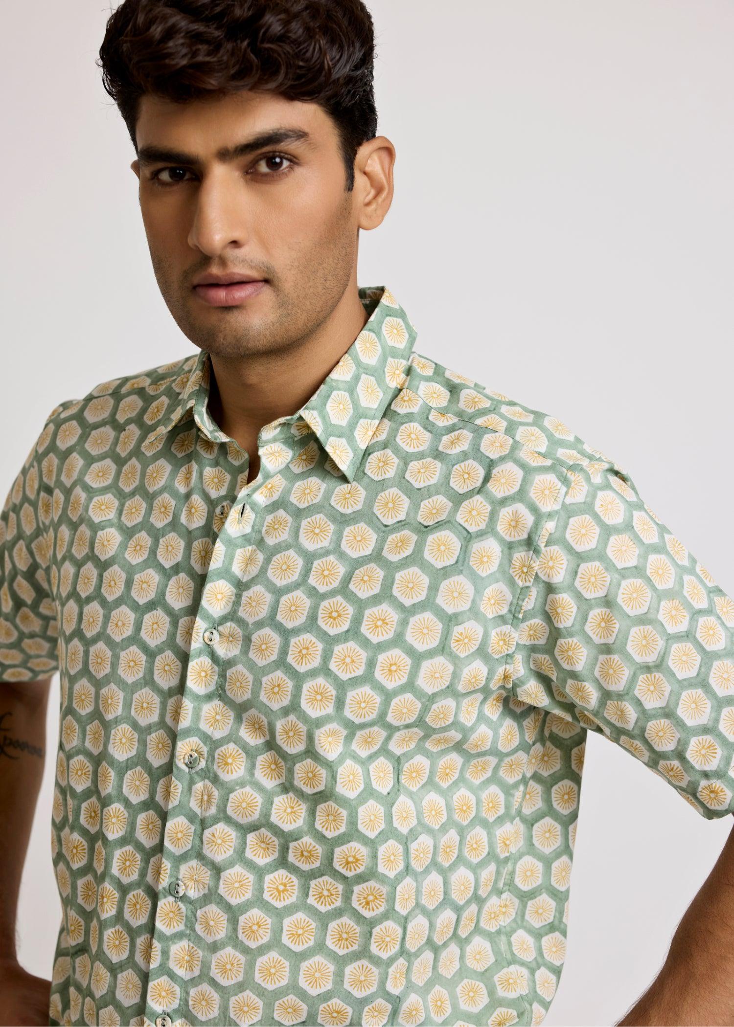 Turf Green & Yellow Cotton Half Sleeve Shirt Ratan Texprocess Pvt. Ltd