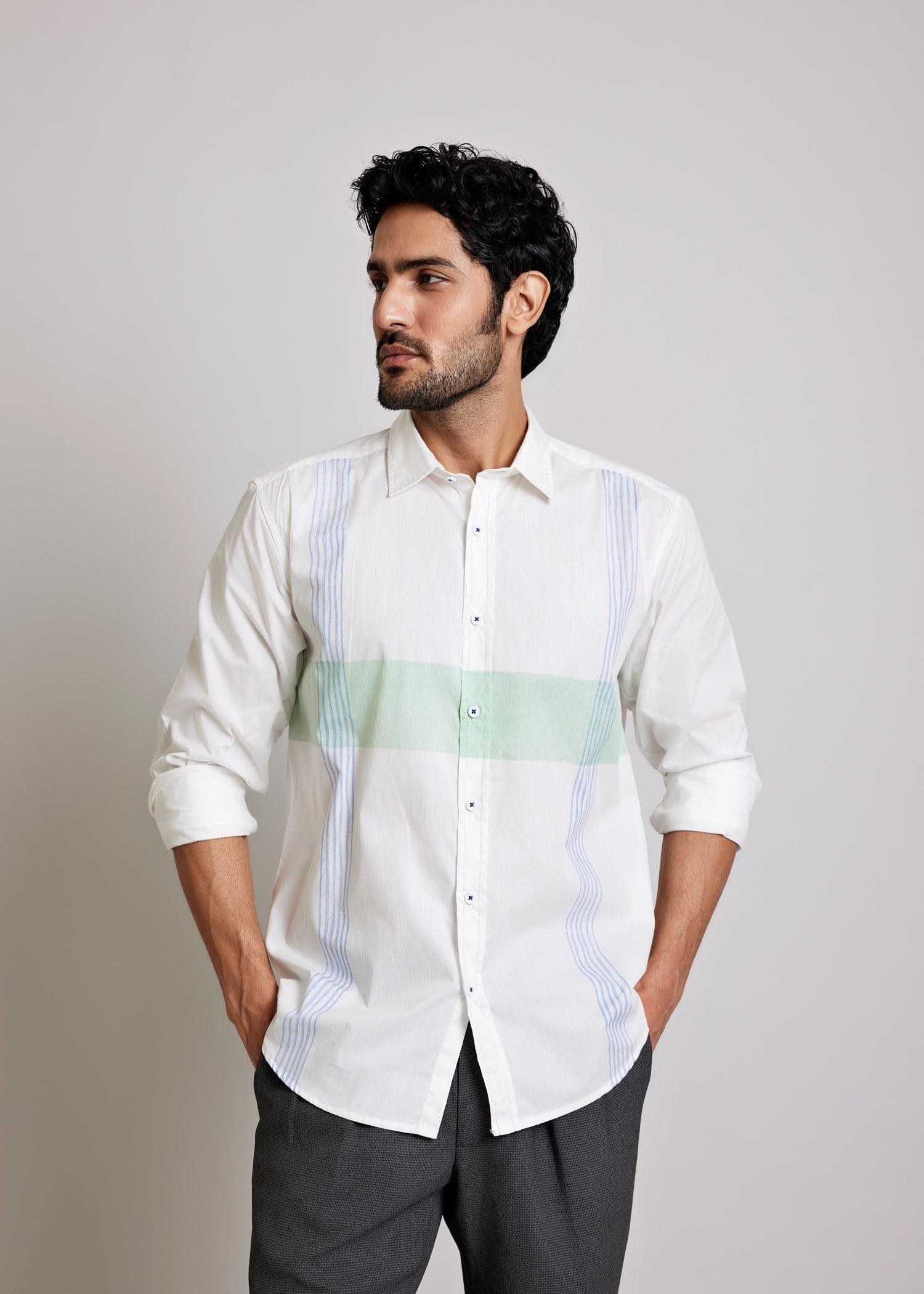 White, Green & Blue Regular Cotton Full Sleeve Shirt Ratan Texprocess Pvt. Ltd