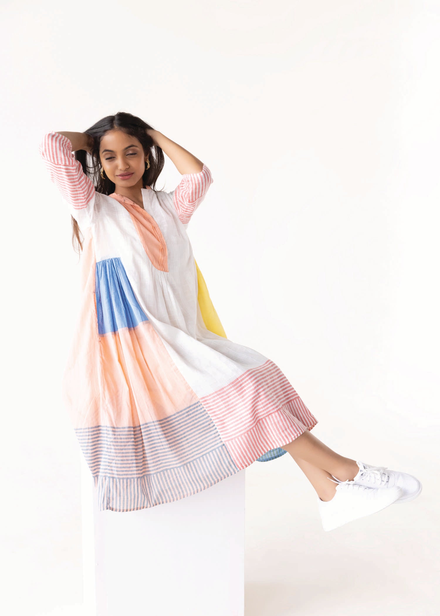 Multi Stripes Loose Cotton Drift Gather Dress Ratan Texprocess Pvt. Ltd