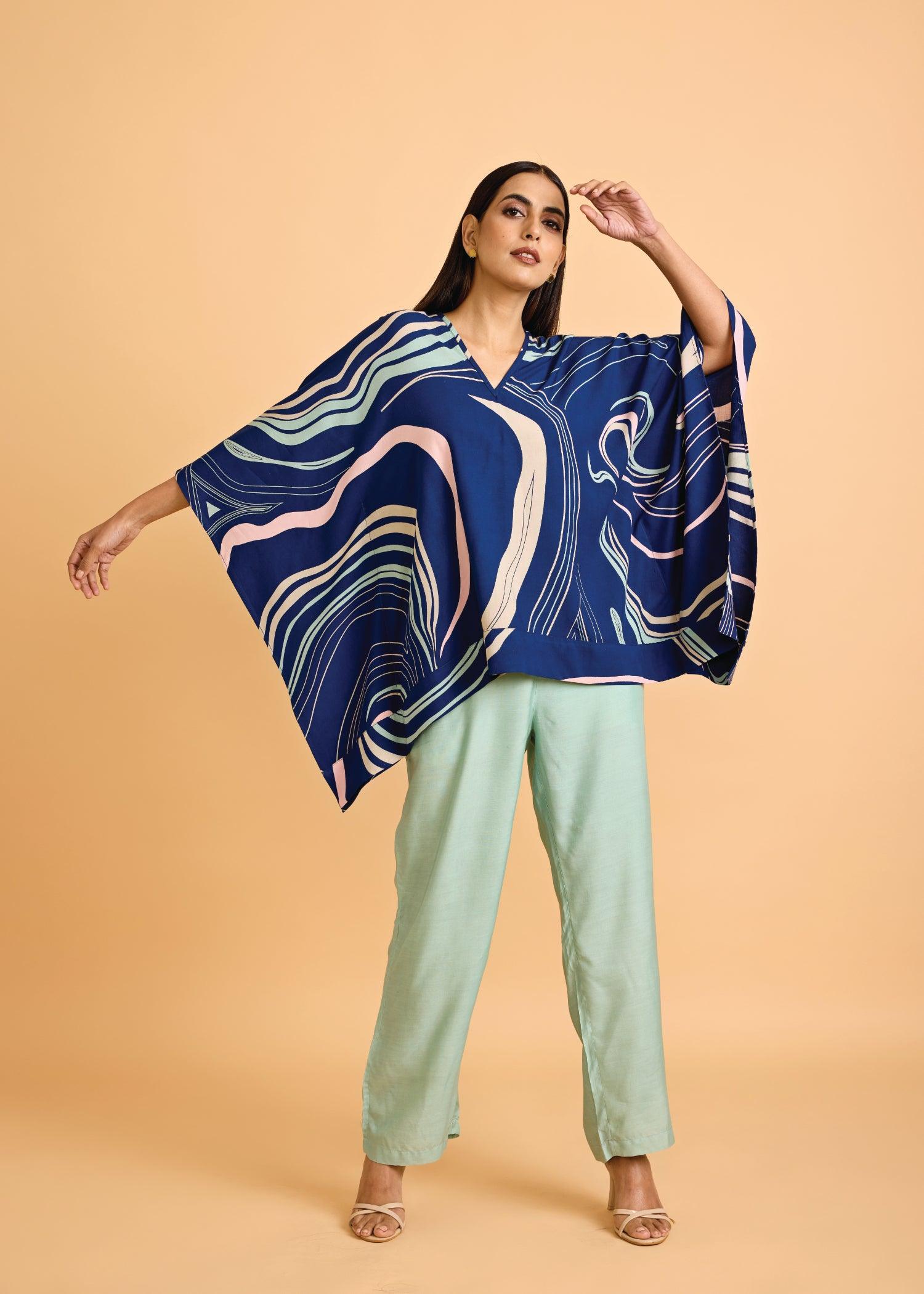 Midnight Blue & Mint Loose Viscose V- Neck Kaftan Ratan Texprocess Pvt. Ltd