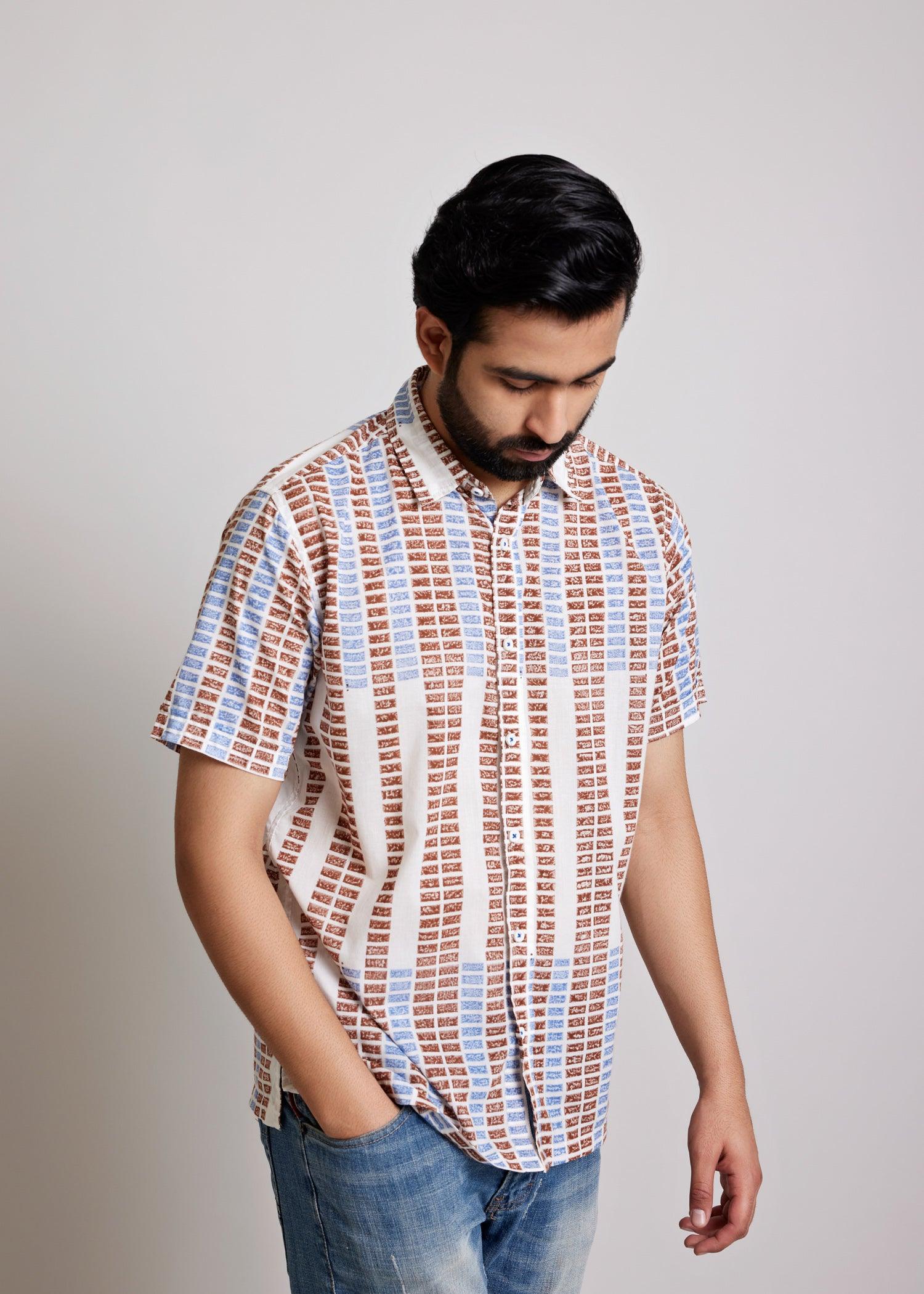 Blue & Brown Regular Cotton Half Sleeve Shirt Ratan Texprocess Pvt. Ltd