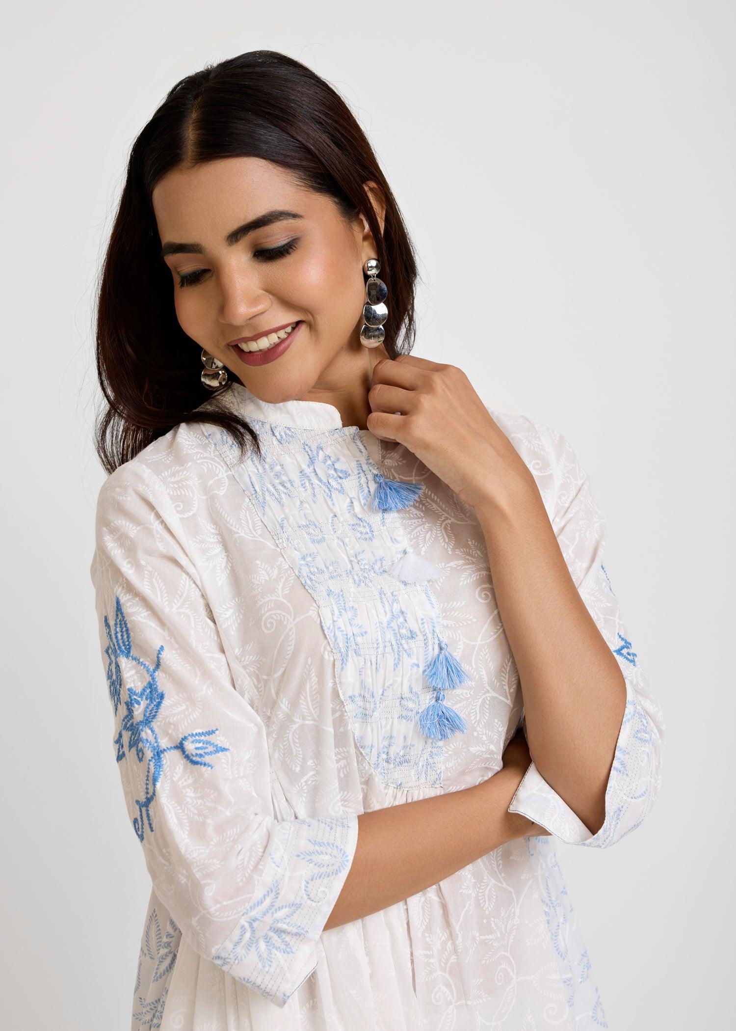 Gathered White & Blue Kurta Ratan Texprocess Pvt. Ltd