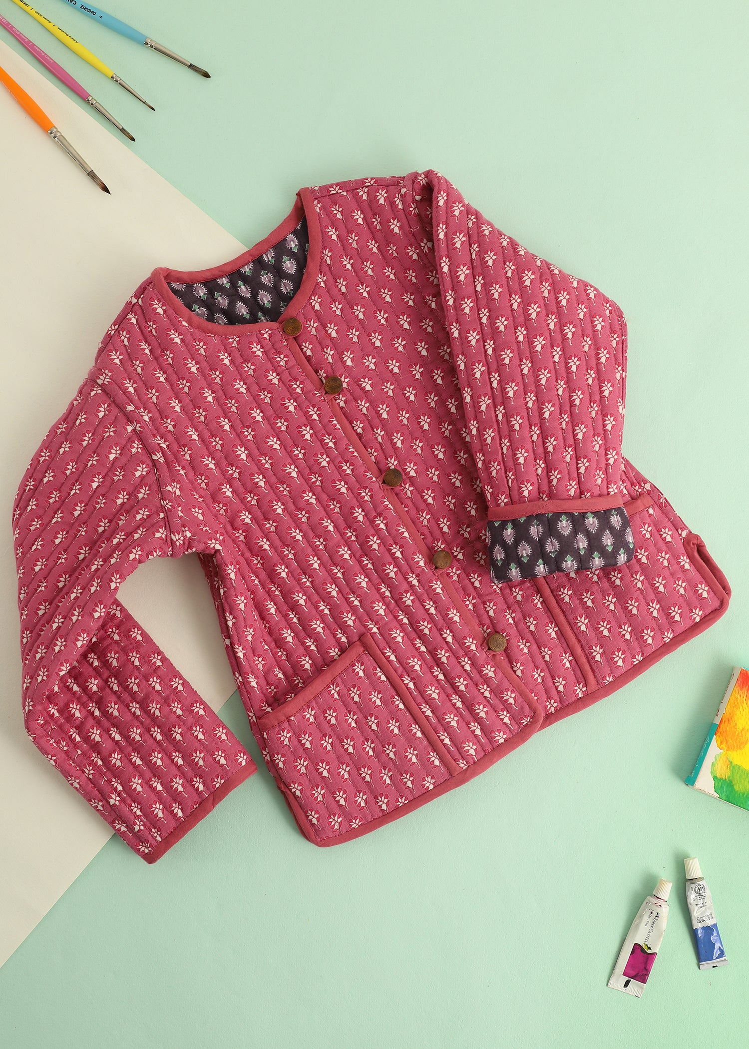 Blue-Red Floret Quilted Cotton Reversible Coat Unisex (0-7 Years) (Copy) Ratan Jaipur