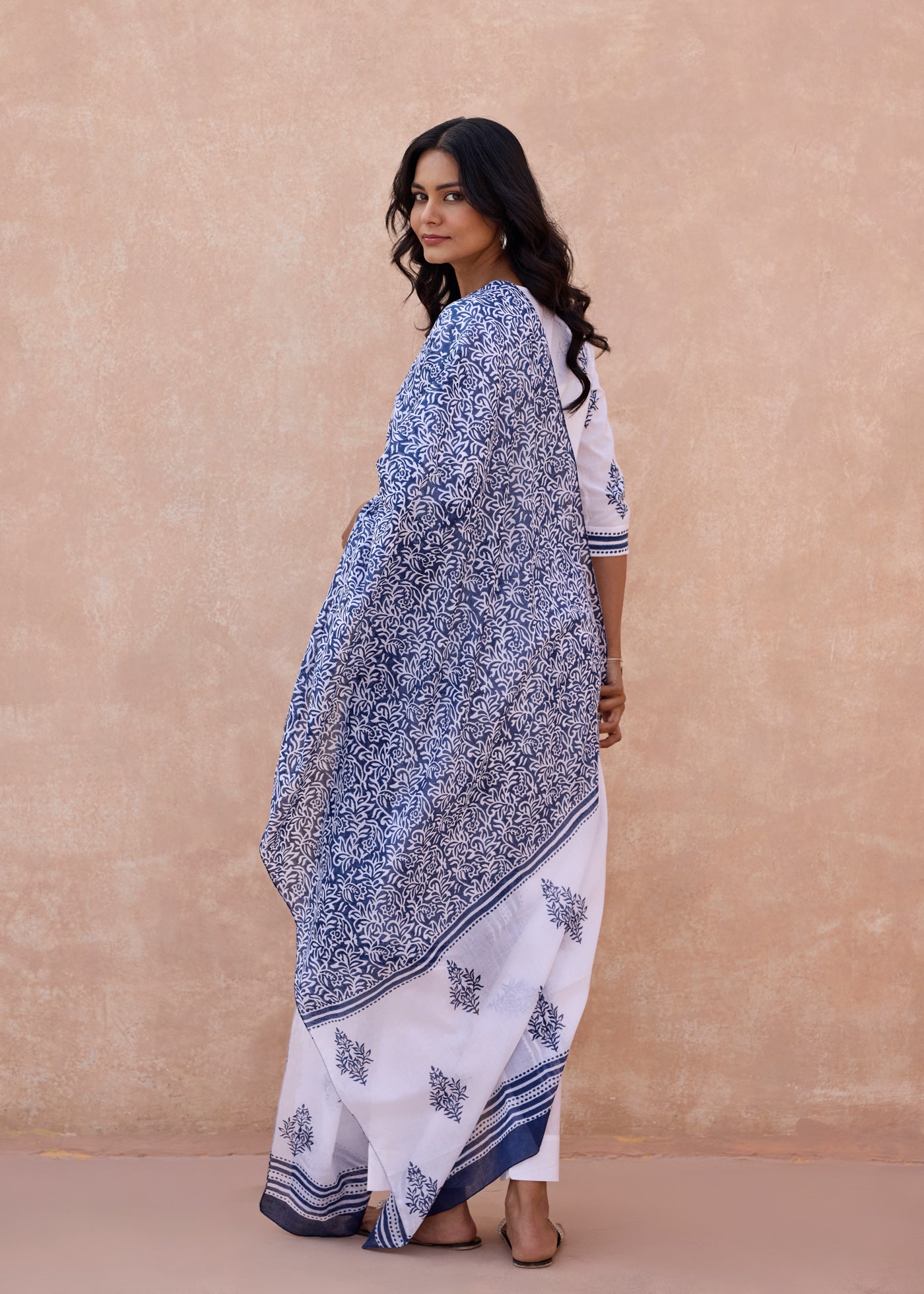 Block Printed Cotton Dupatta - Blue