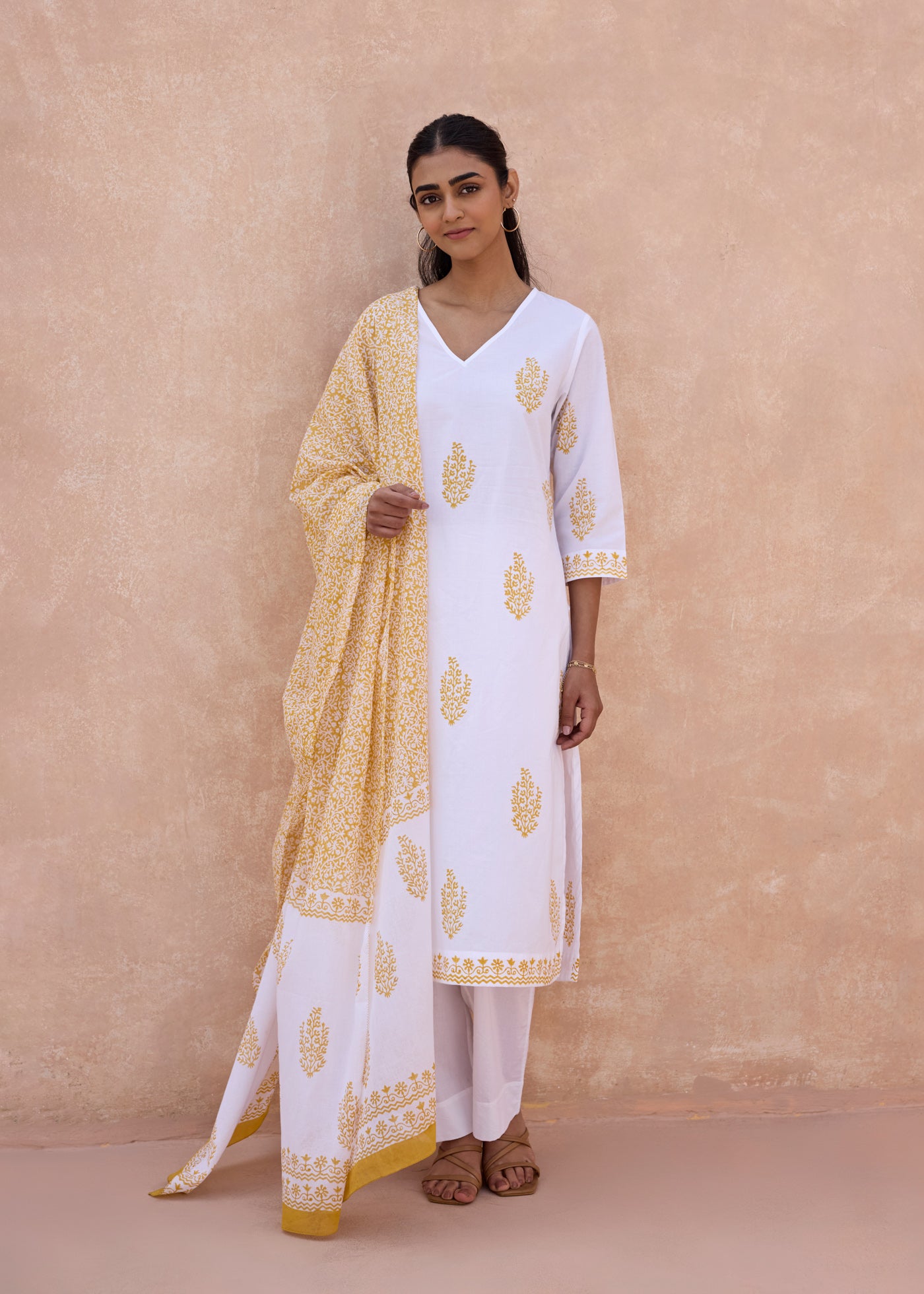 Block Printed Cotton Dupatta - Yellow