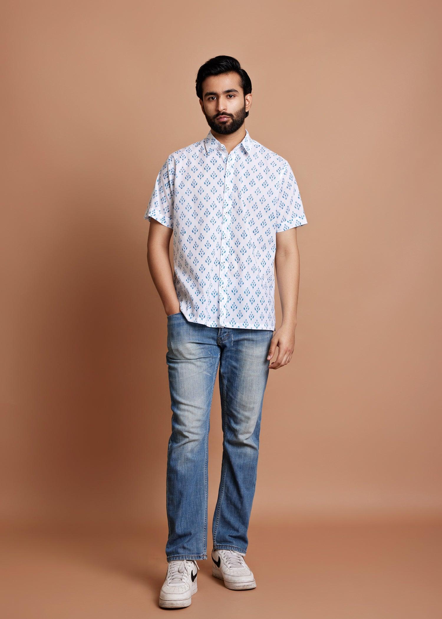 White & Peacock Blue Regular Cotton Half Sleeve Shirt Ratan Texprocess Pvt. Ltd