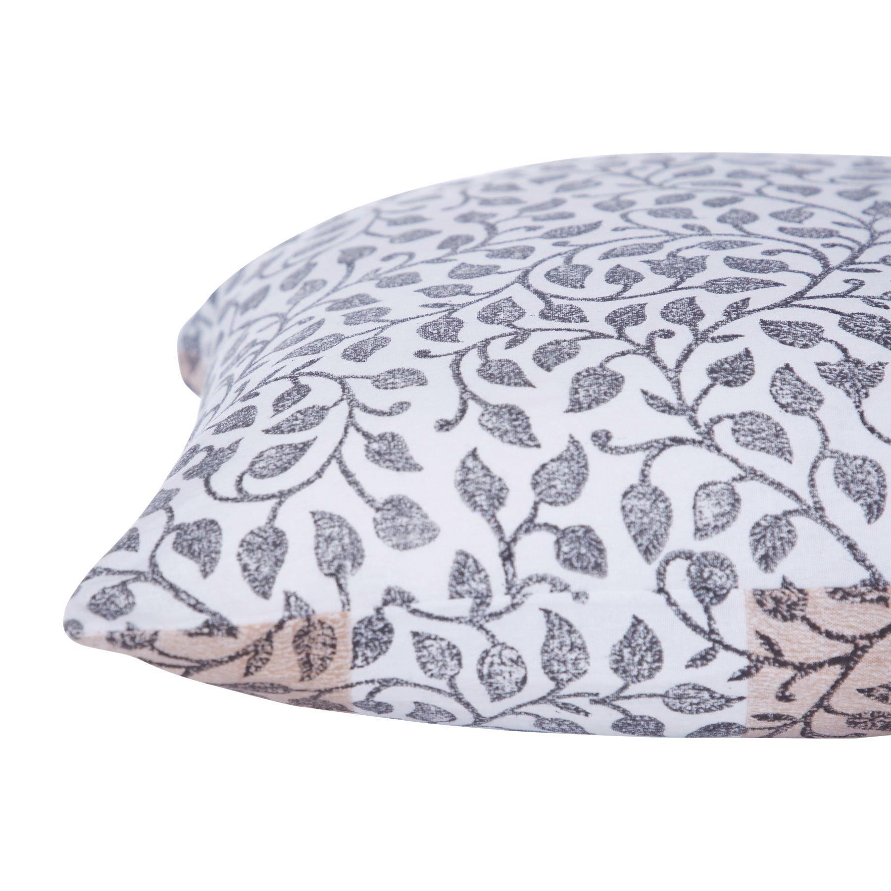 Leaf Trellis Beige & Charcoal Hand Block Print Cotton Cushion Cover Ratan Texprocess Pvt. Ltd