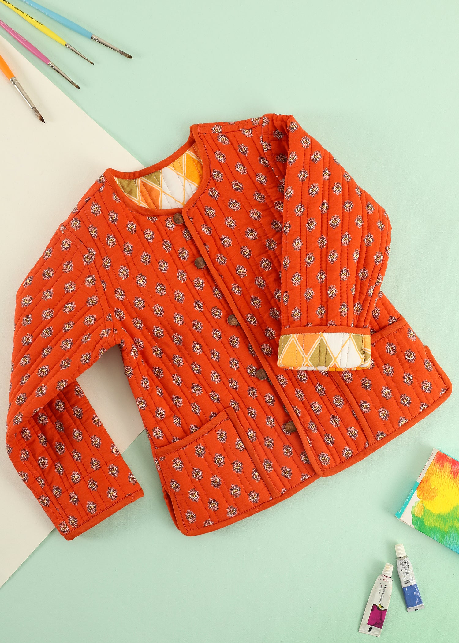 Orange Rhombus Quilted Cotton Reversible Coat Unisex (0-7 Years) Ratan Jaipur