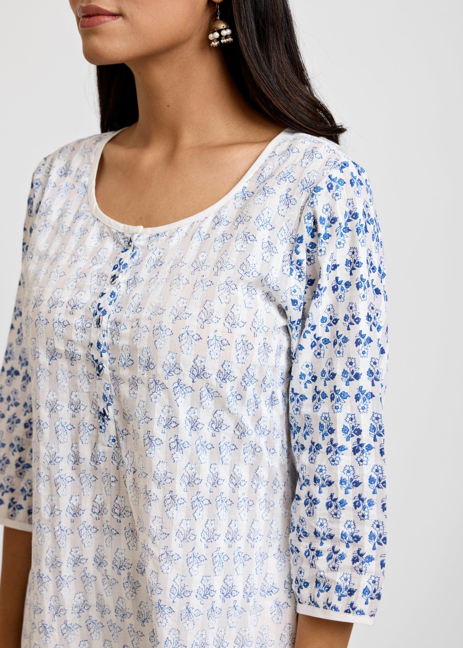 Raagini White & Blue Cotton Long Kurta Ratan Texprocess Pvt. Ltd