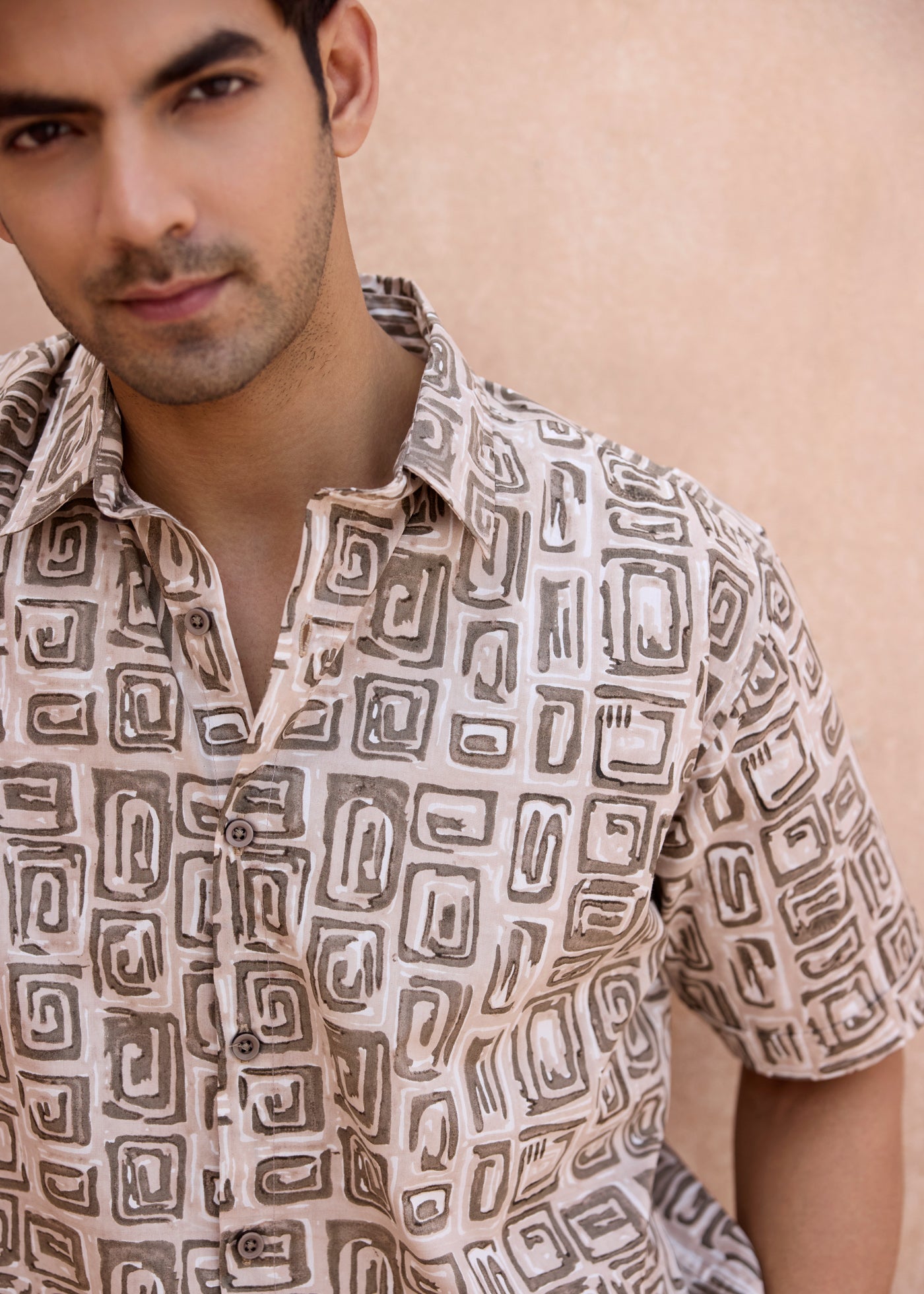 Half Sleeves Shirt-Beige/Brown