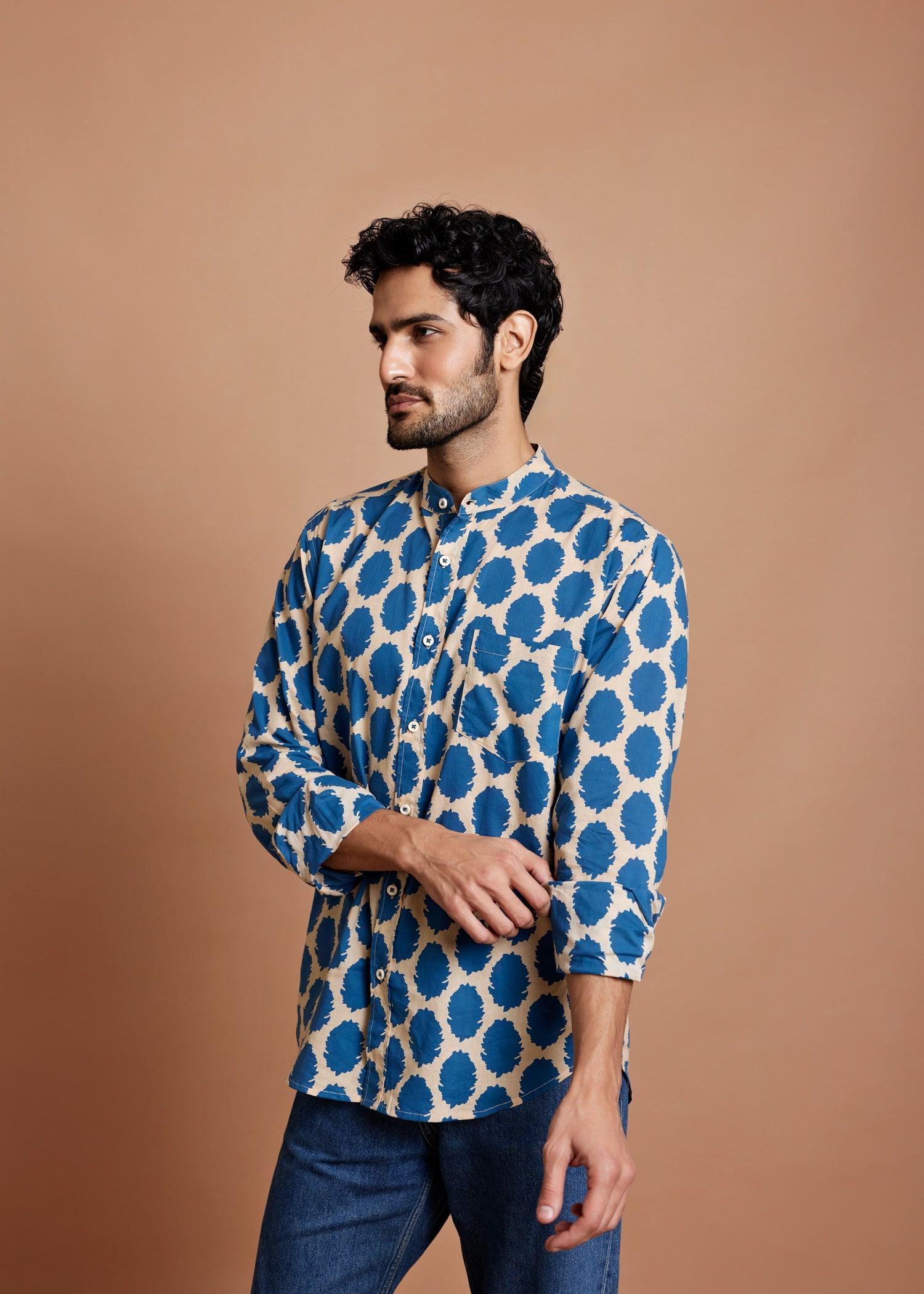 Cream & Blue Regular Cotton Full Sleeve Shirt Ratan Texprocess Pvt. Ltd