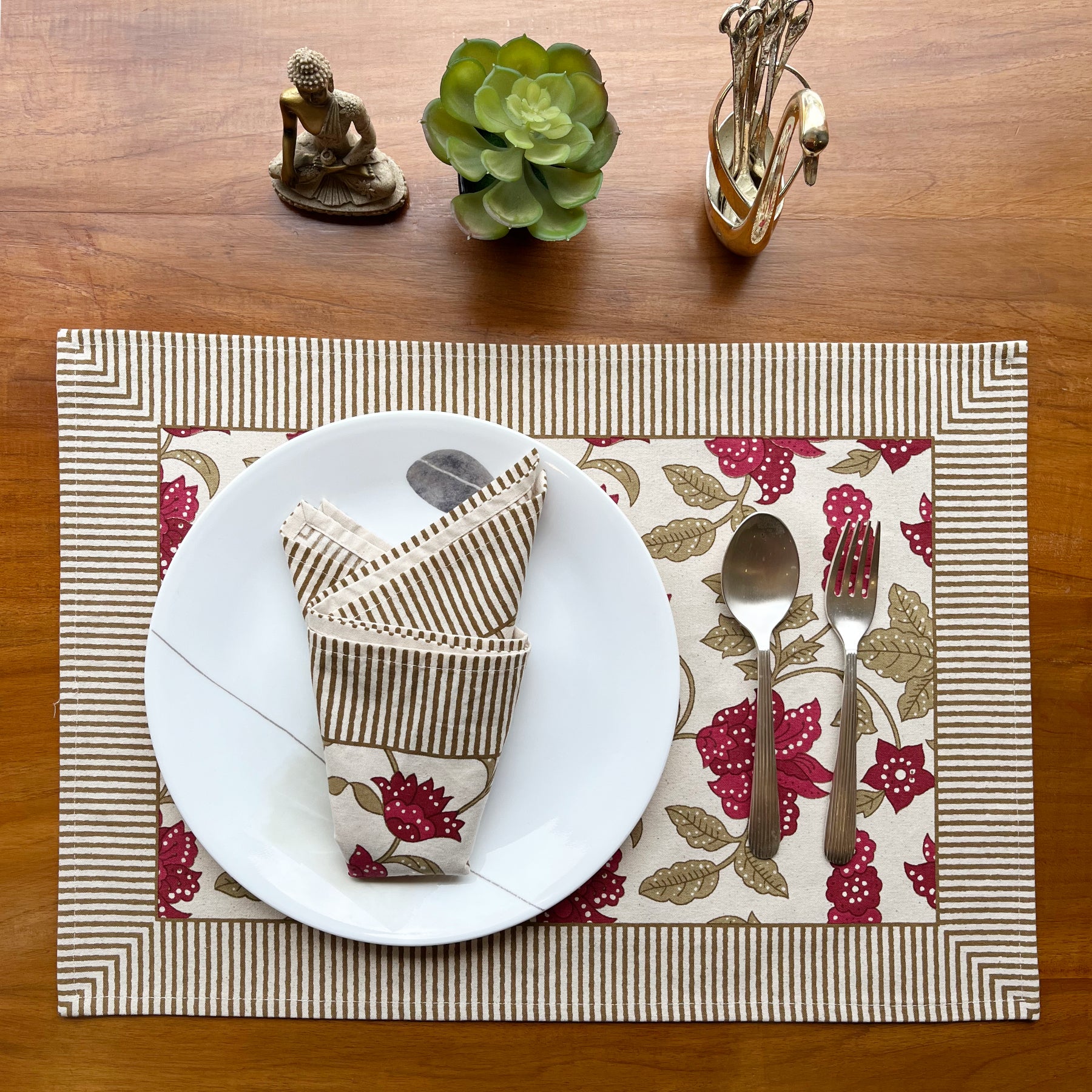 Red-Beige Flower Napkin- Set of 6