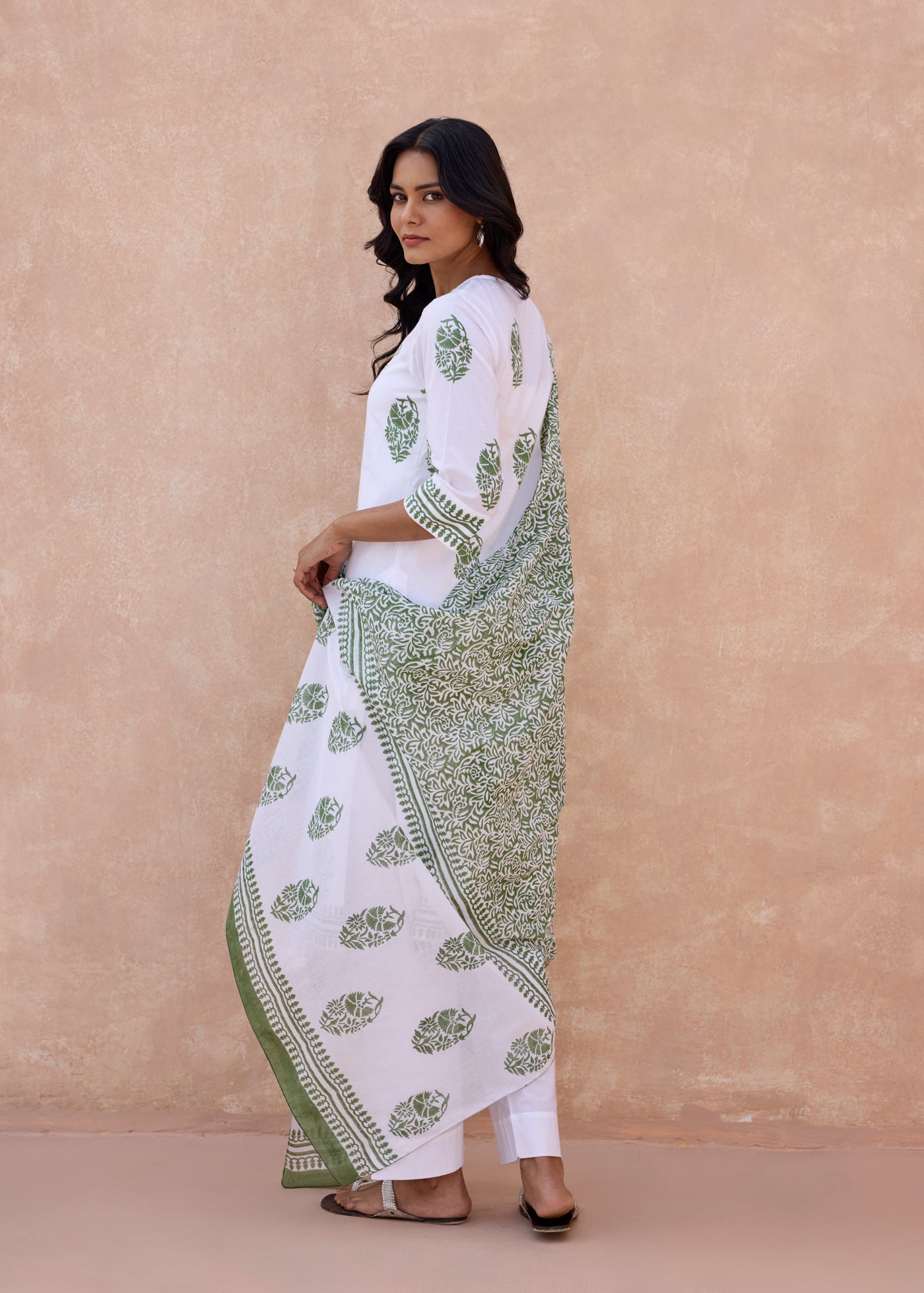 Block Printed Cotton Dupatta - Green