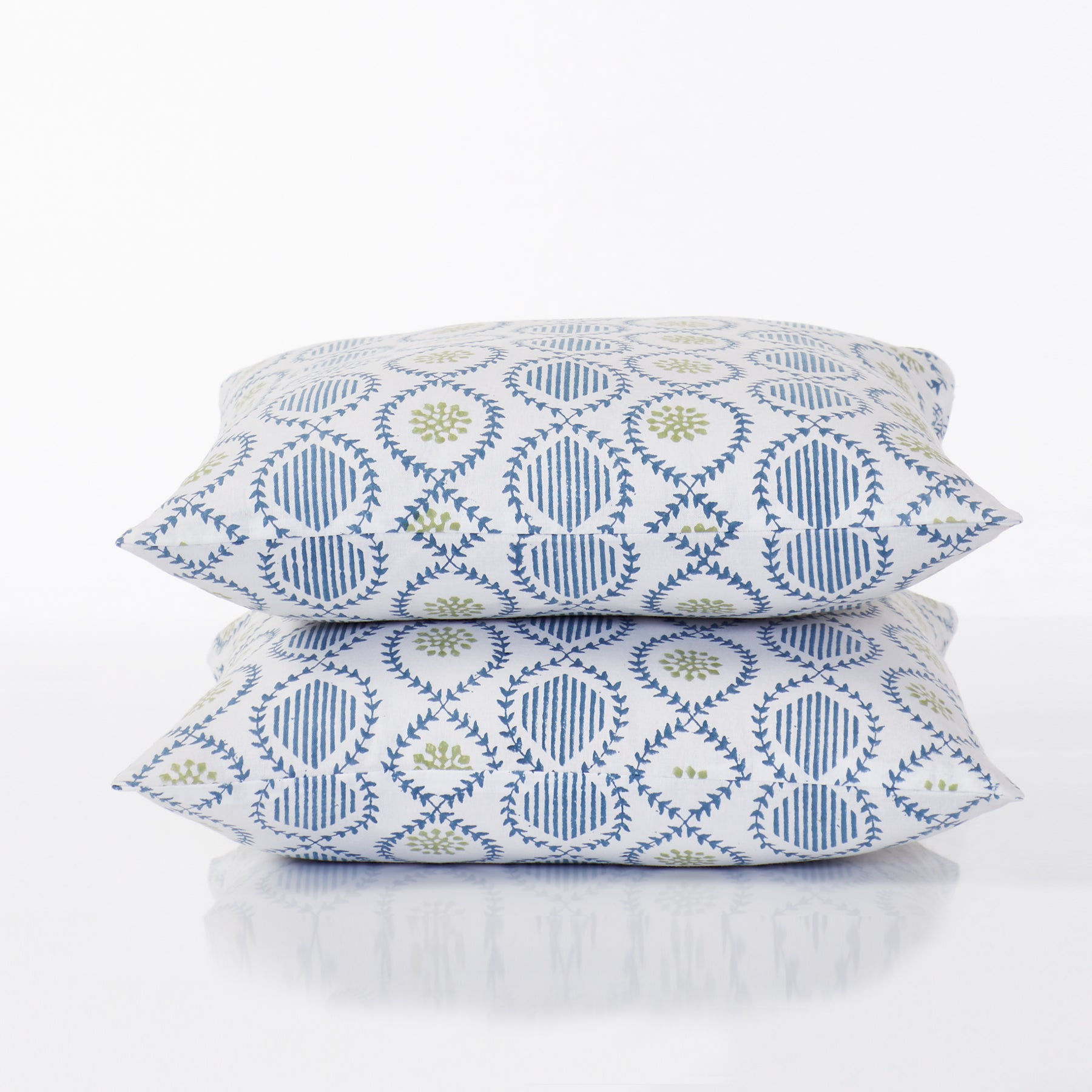 Ogee Blue & Green Hand Block Print Cotton Cushion Cover