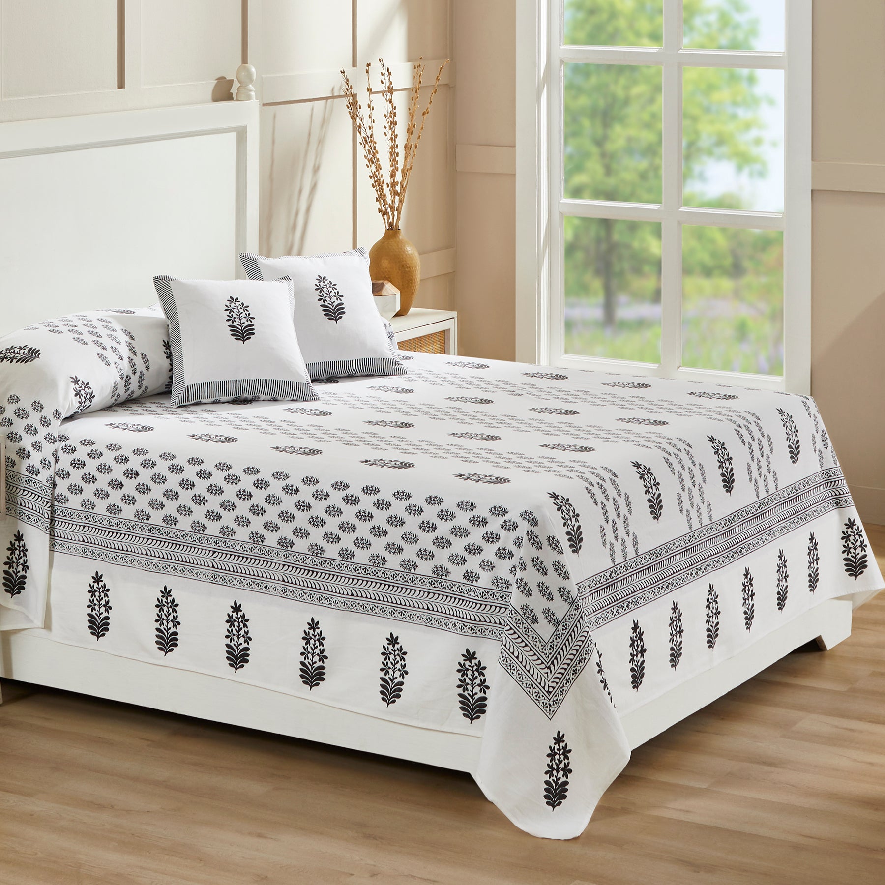 Daffodil Grey & Black Hand Block Printed Cotton Bedcover