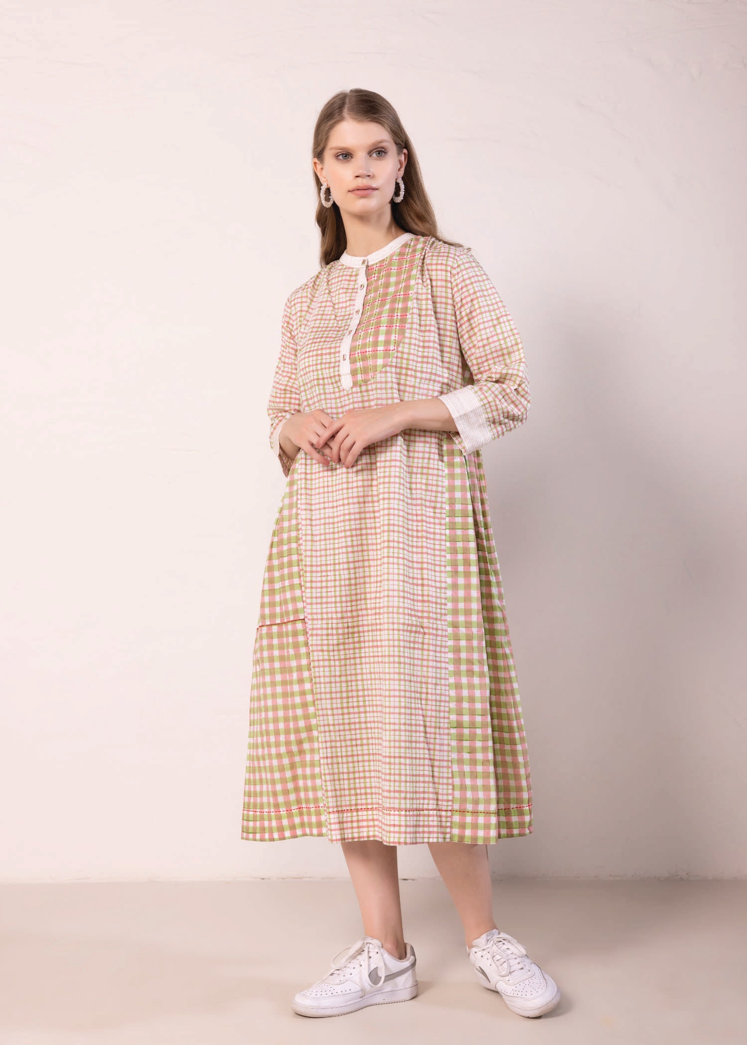 Pink & Green Loose Cotton Cross-Over Gather Dress Ratan Texprocess Pvt. Ltd