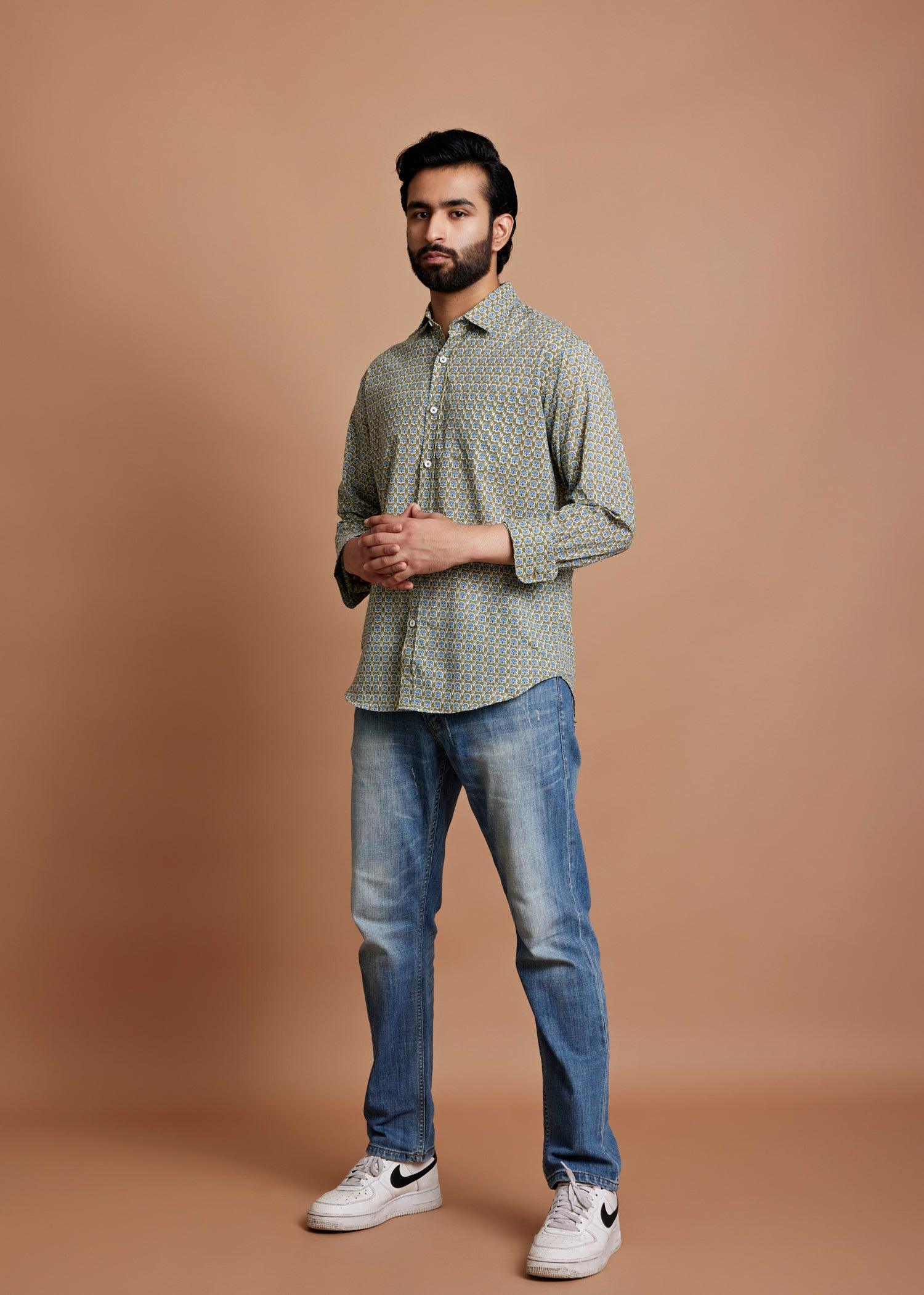 Meadow Green Regular Cotton Full Sleeve Shirt Ratan Texprocess Pvt. Ltd