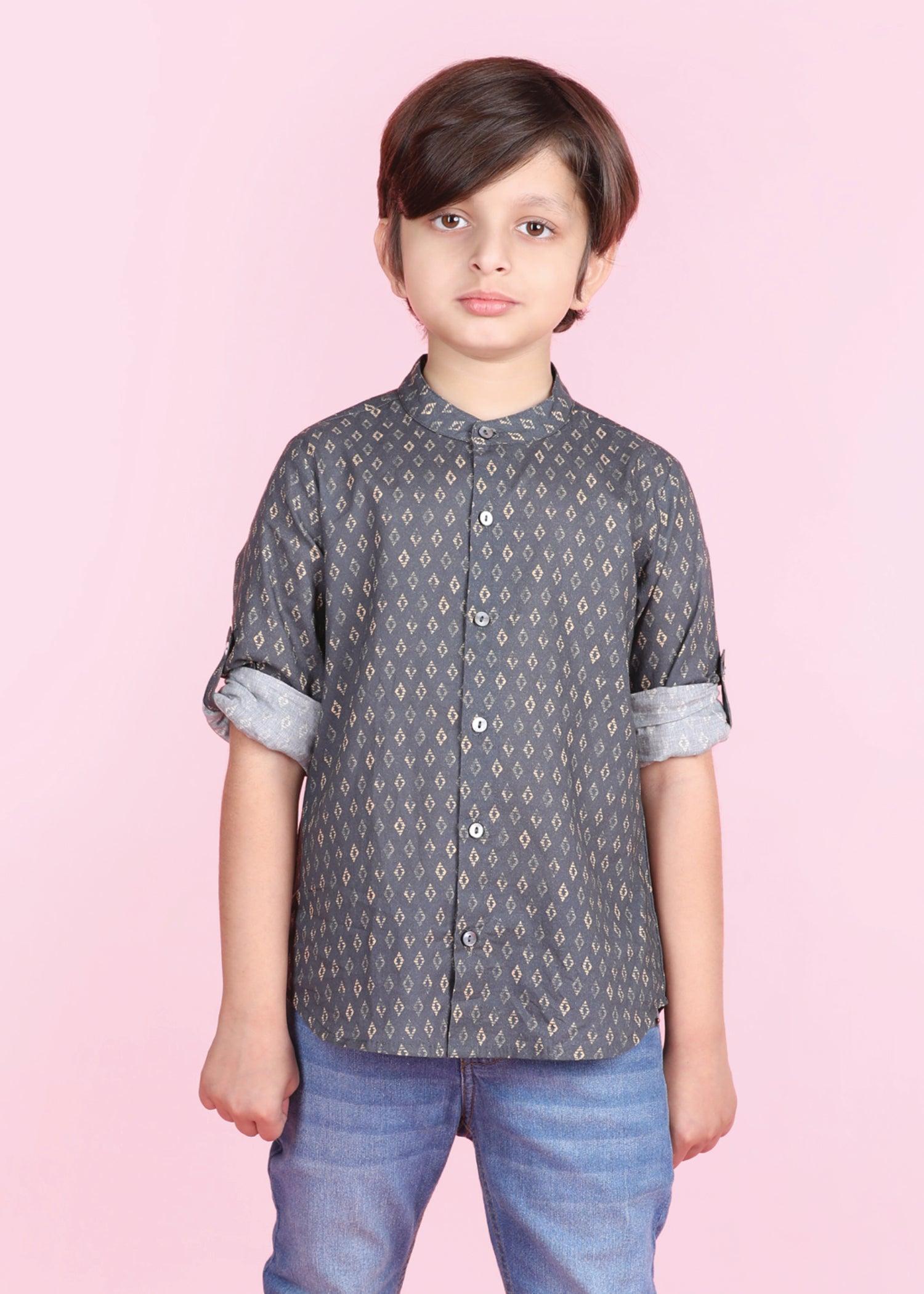 Ikkat Buti Grey Cotton Full Sleeves Shirt Boy (6 Months -12 Years) Ratan Texprocess Pvt. Ltd