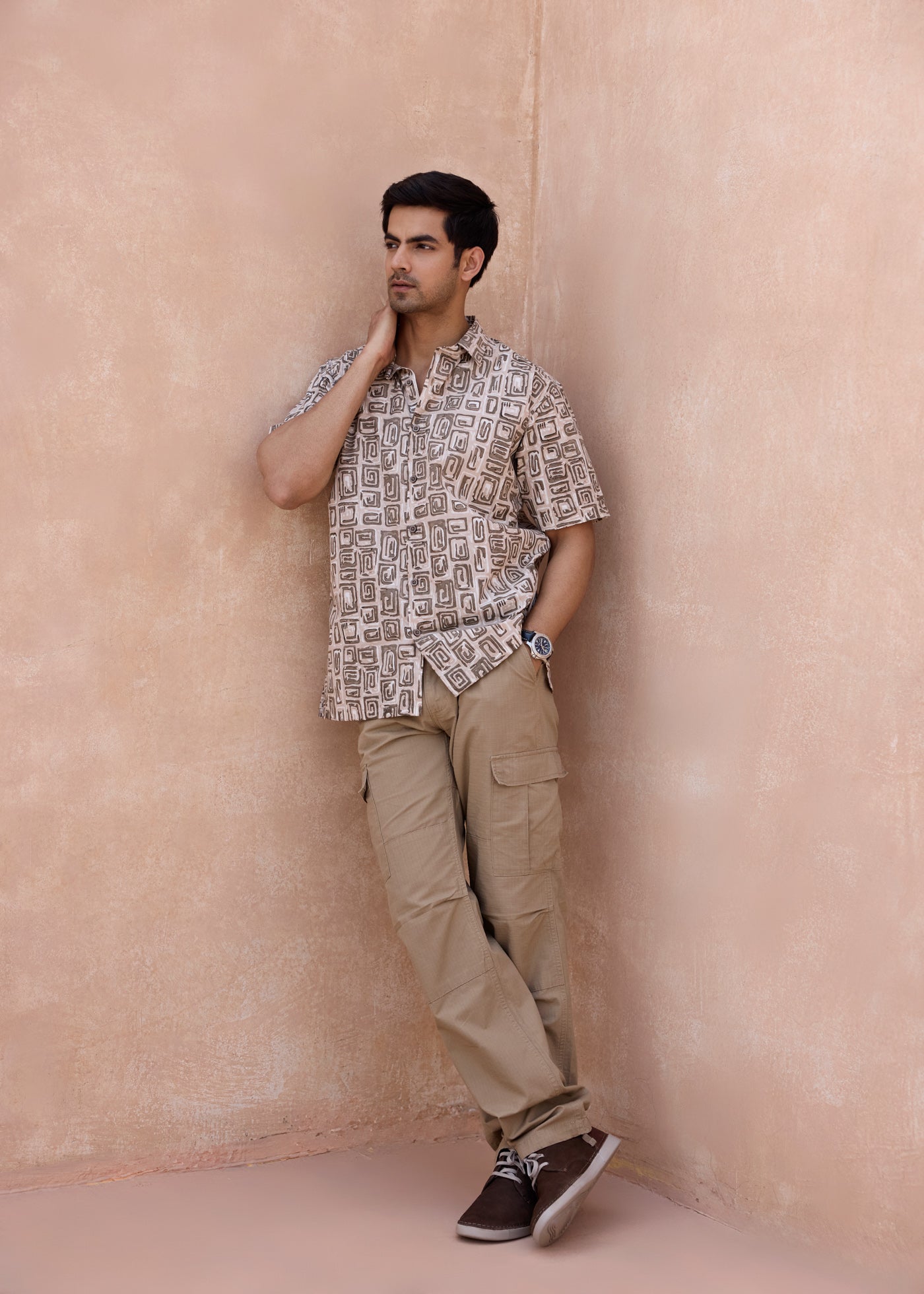 Half Sleeves Shirt-Beige/Brown