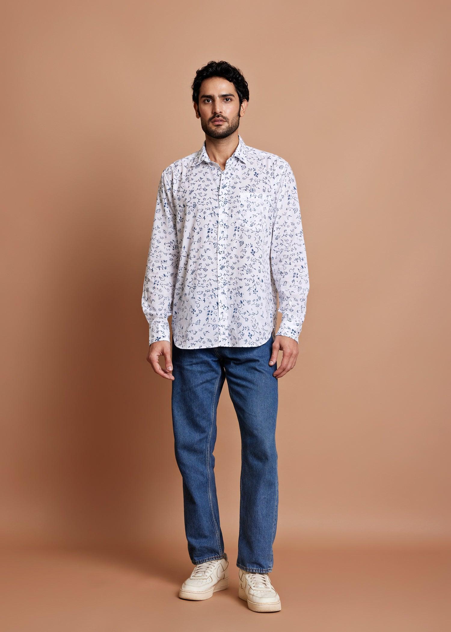 White & Marine Blue Regular Cotton Full Sleeve Shirt Ratan Texprocess Pvt. Ltd