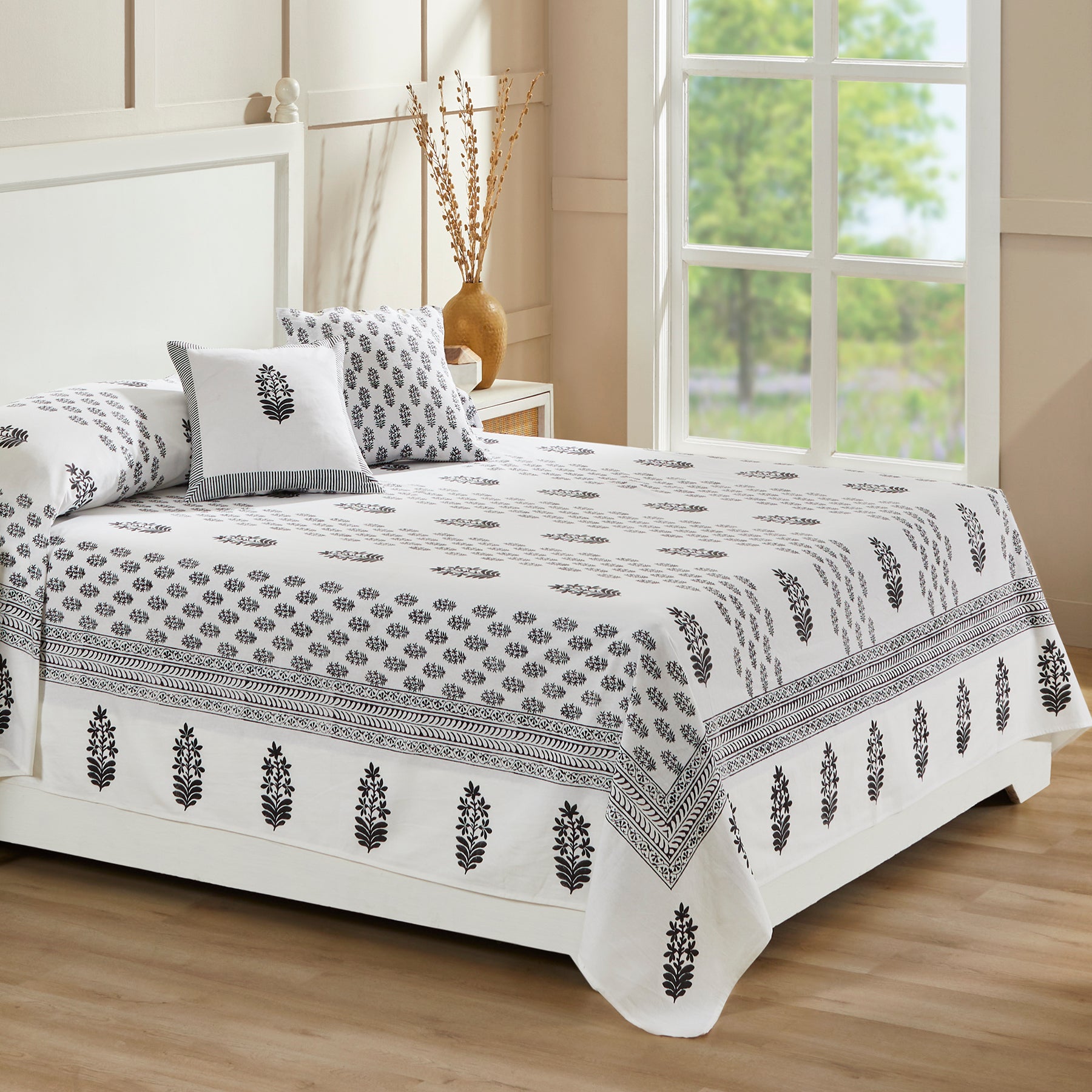 Daffodil Grey & Black Hand Block Printed Cotton Bedcover