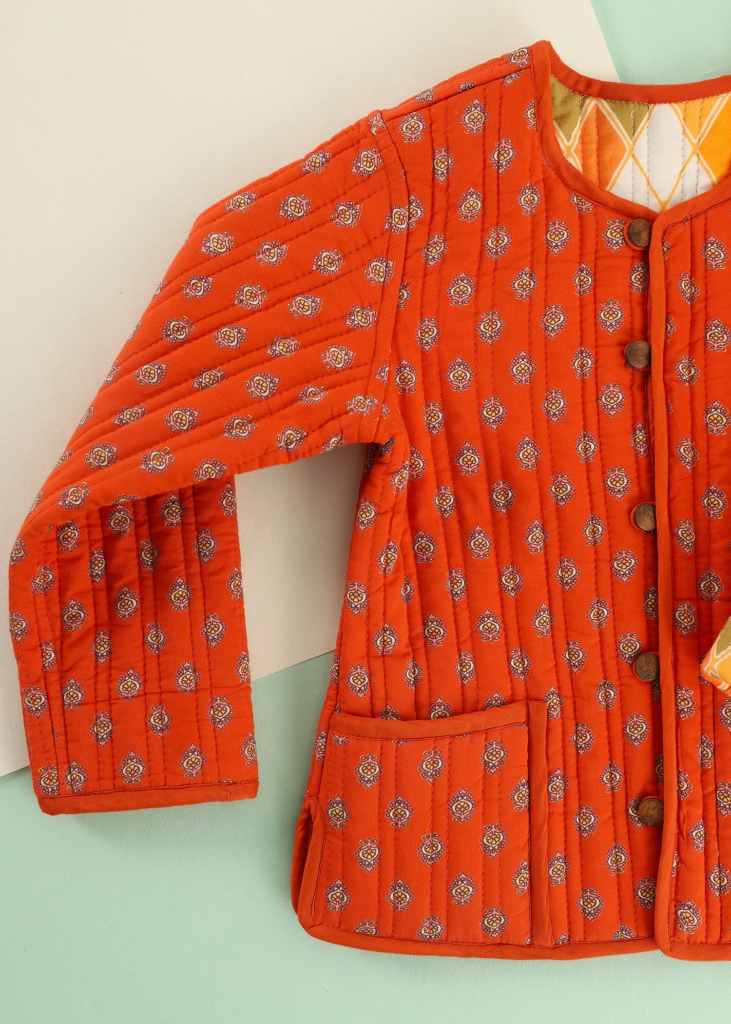 Orange Rhombus Quilted Cotton Reversible Coat Unisex (0-7 Years) Ratan Jaipur