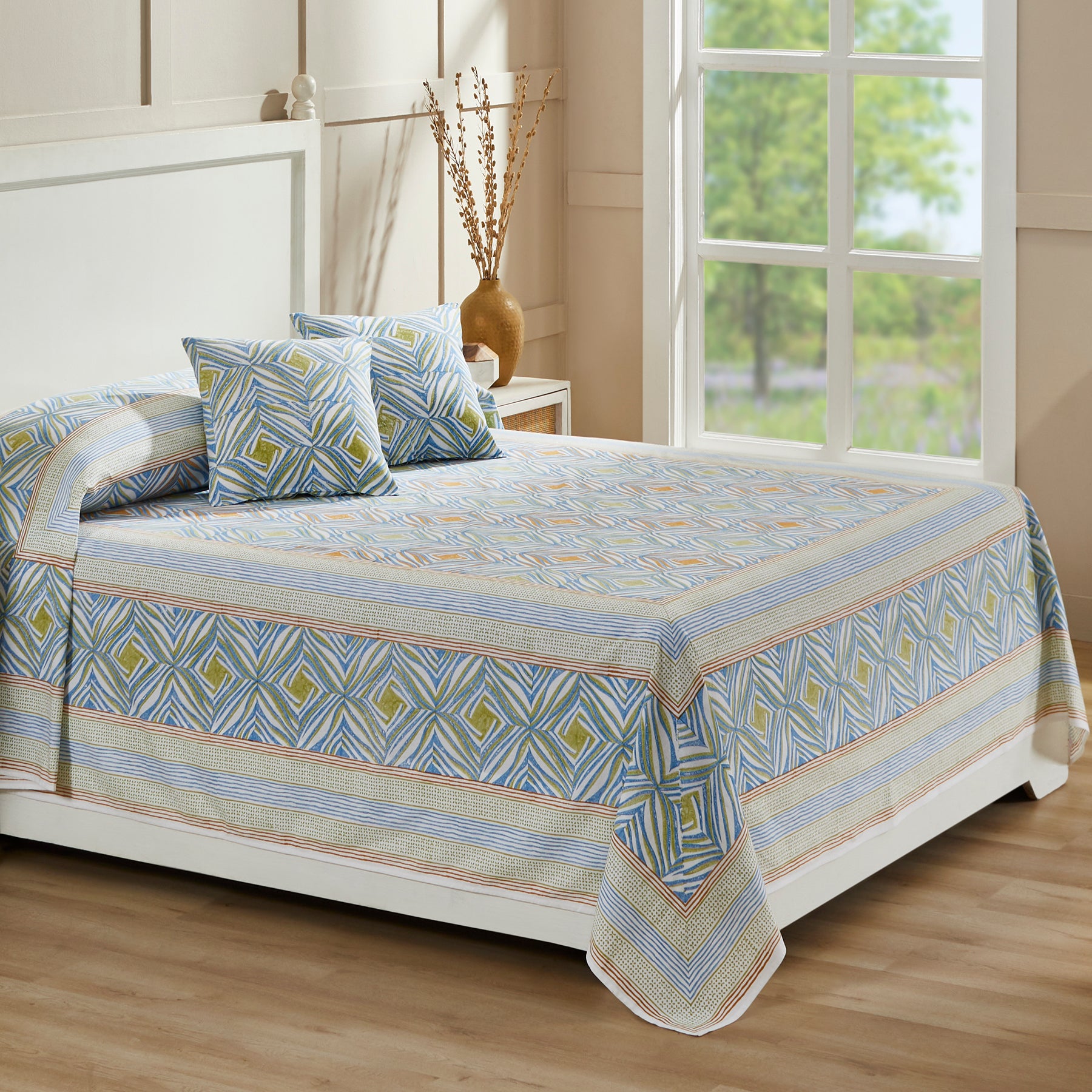 Monochromatic Mustard & Blue Hand Block Printed Cotton Bedcover (40th Edition)