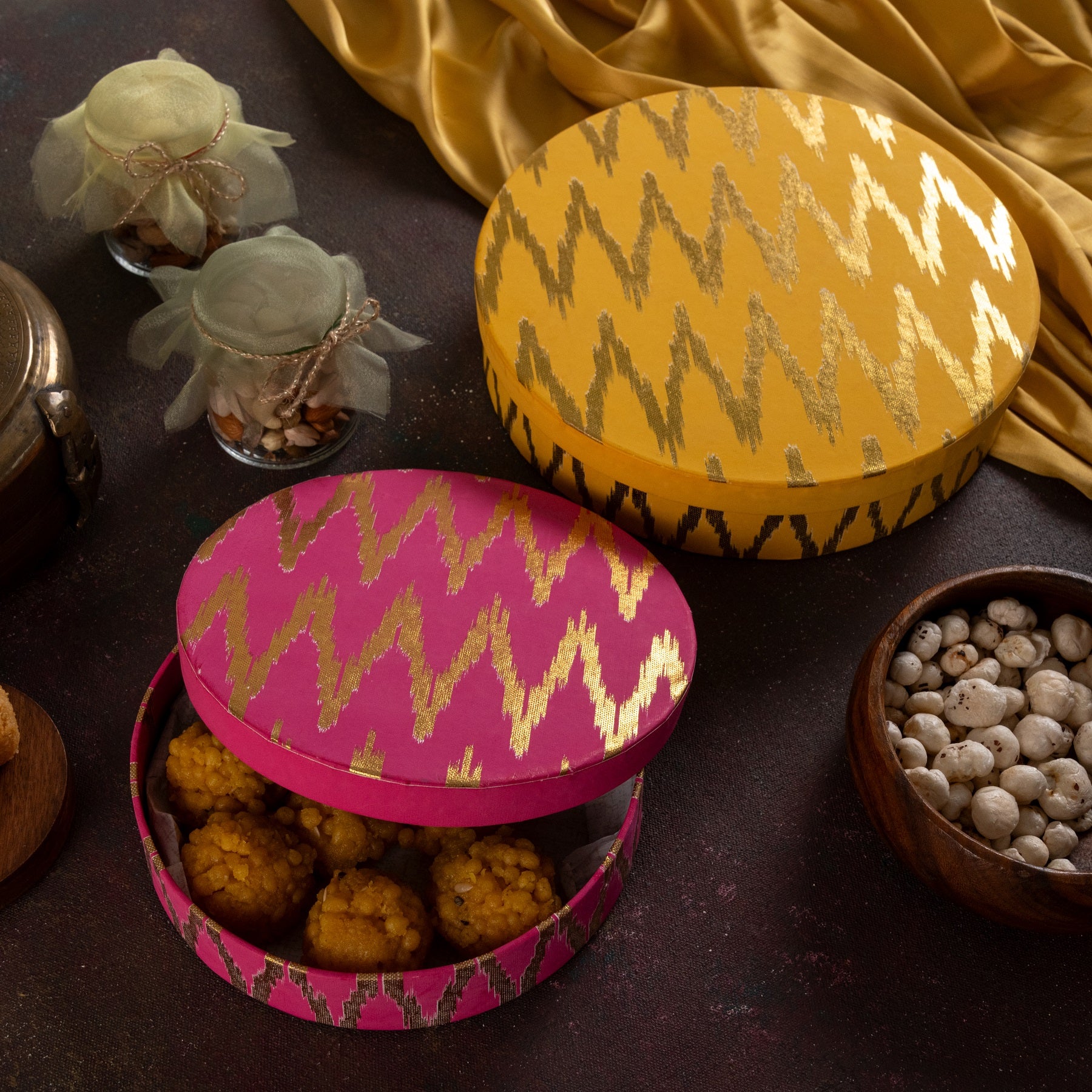 Ikat Yellow & Pink Round Box Set of 2