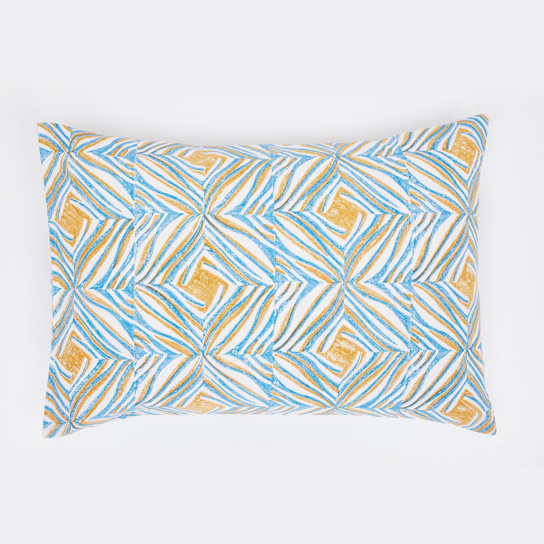 Monochromatic Mustard & Blue Hand Block Print Cotton Pillow Cover (40th Edition)