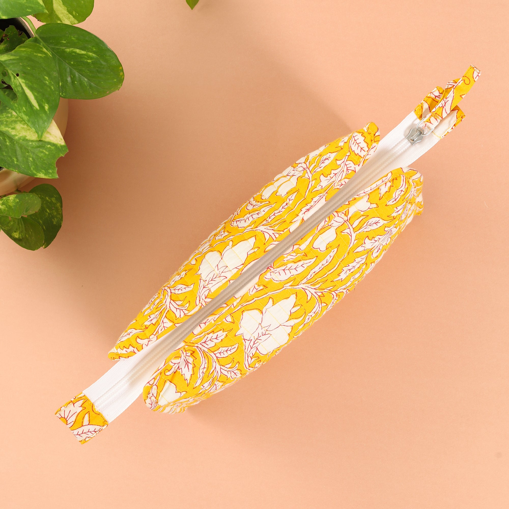 Floral Yellow Quitlted Cotton Toilet Bag