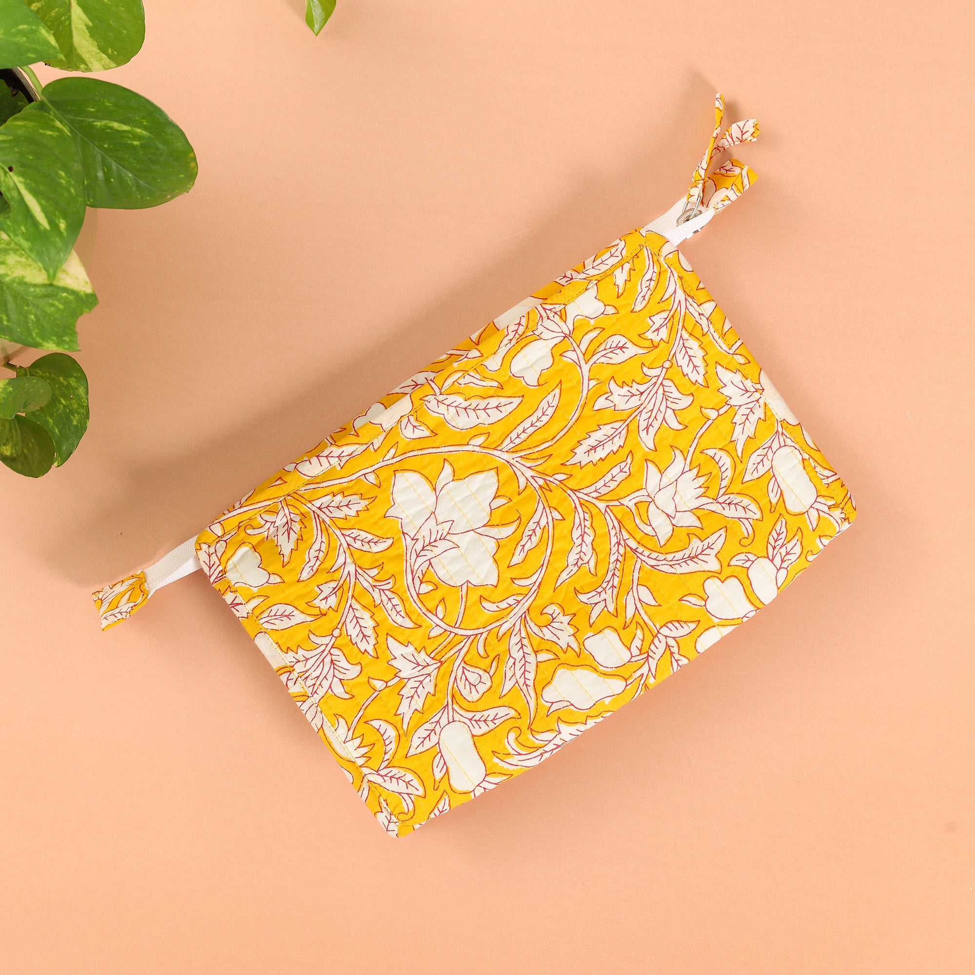 Floral Yellow Quitlted Cotton Toilet Bag