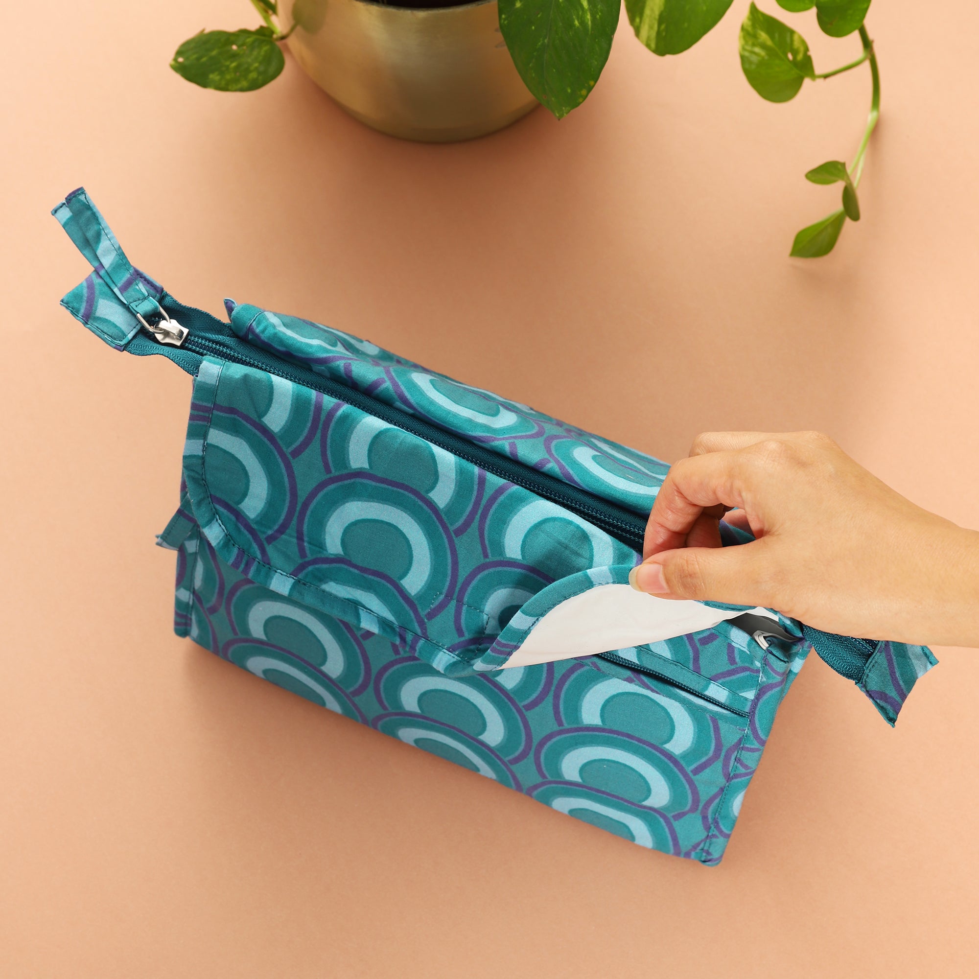 Floral Stripe Blue Cotton Twin Toilet Bag