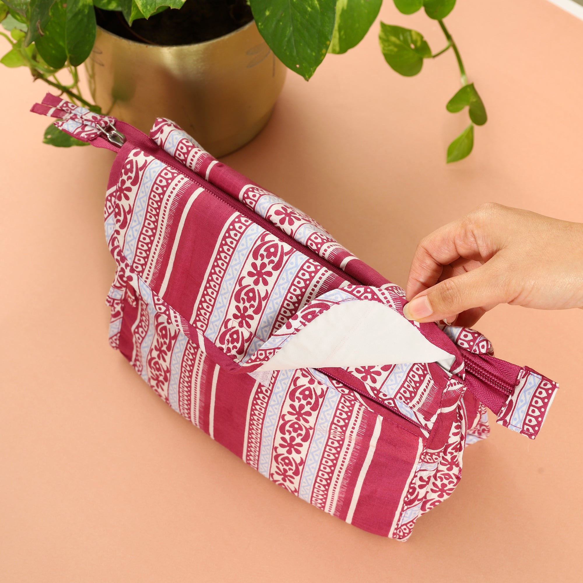 Floral Stripe Pink Cotton Twin Toilet Bag