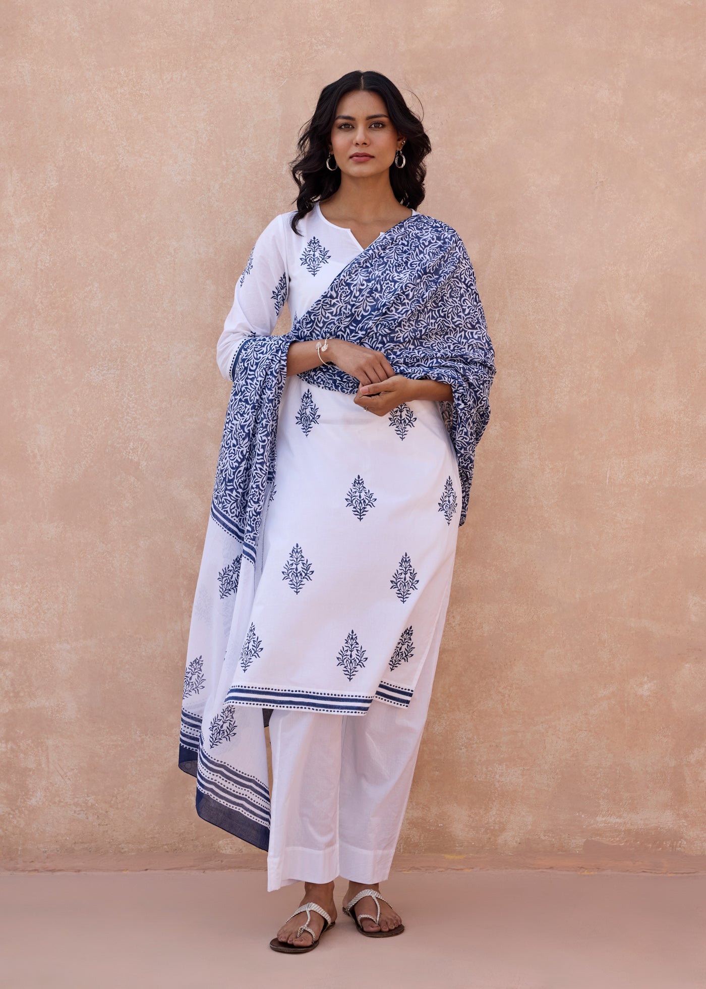 Block Printed Cotton Dupatta - Blue