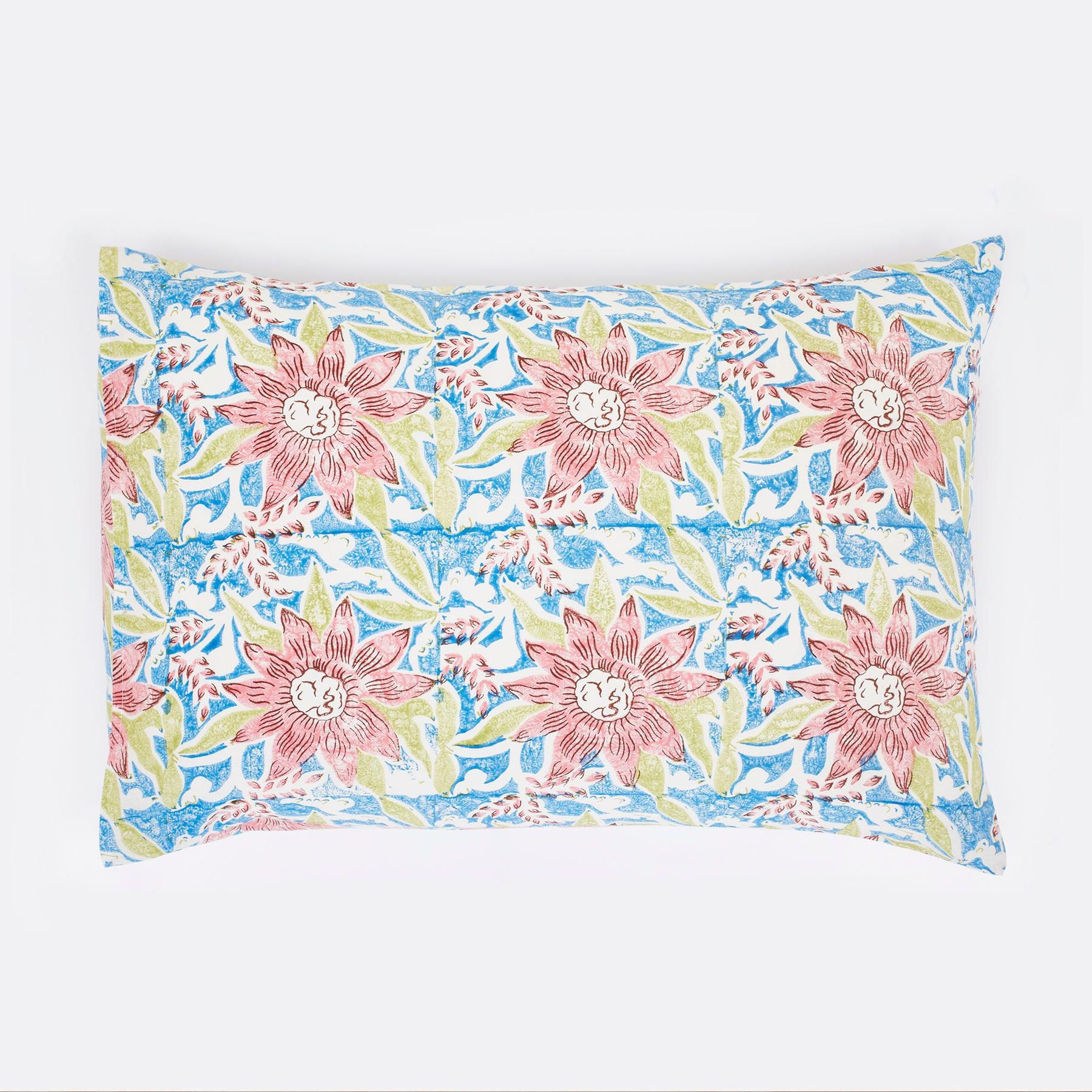 Sunflower Green & Pink Hand Block Print Cotton Pillow Cover