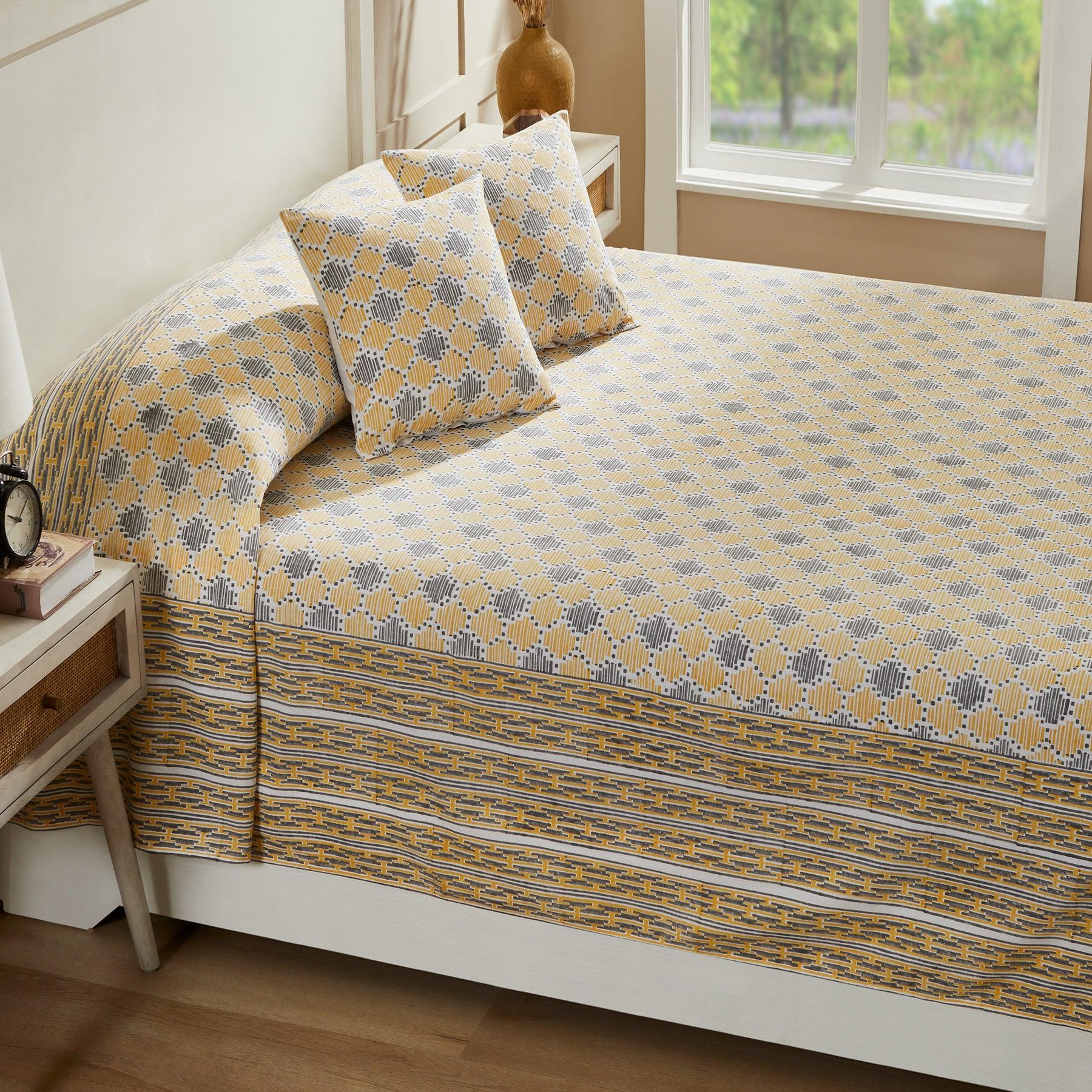 Geometric Quint Yellow & Grey Hand Block Printed Cotton Bedcover