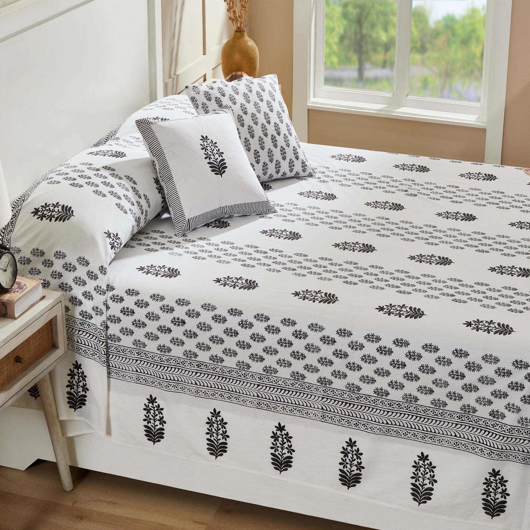 Daffodil Grey & Black Hand Block Printed Cotton Bedcover