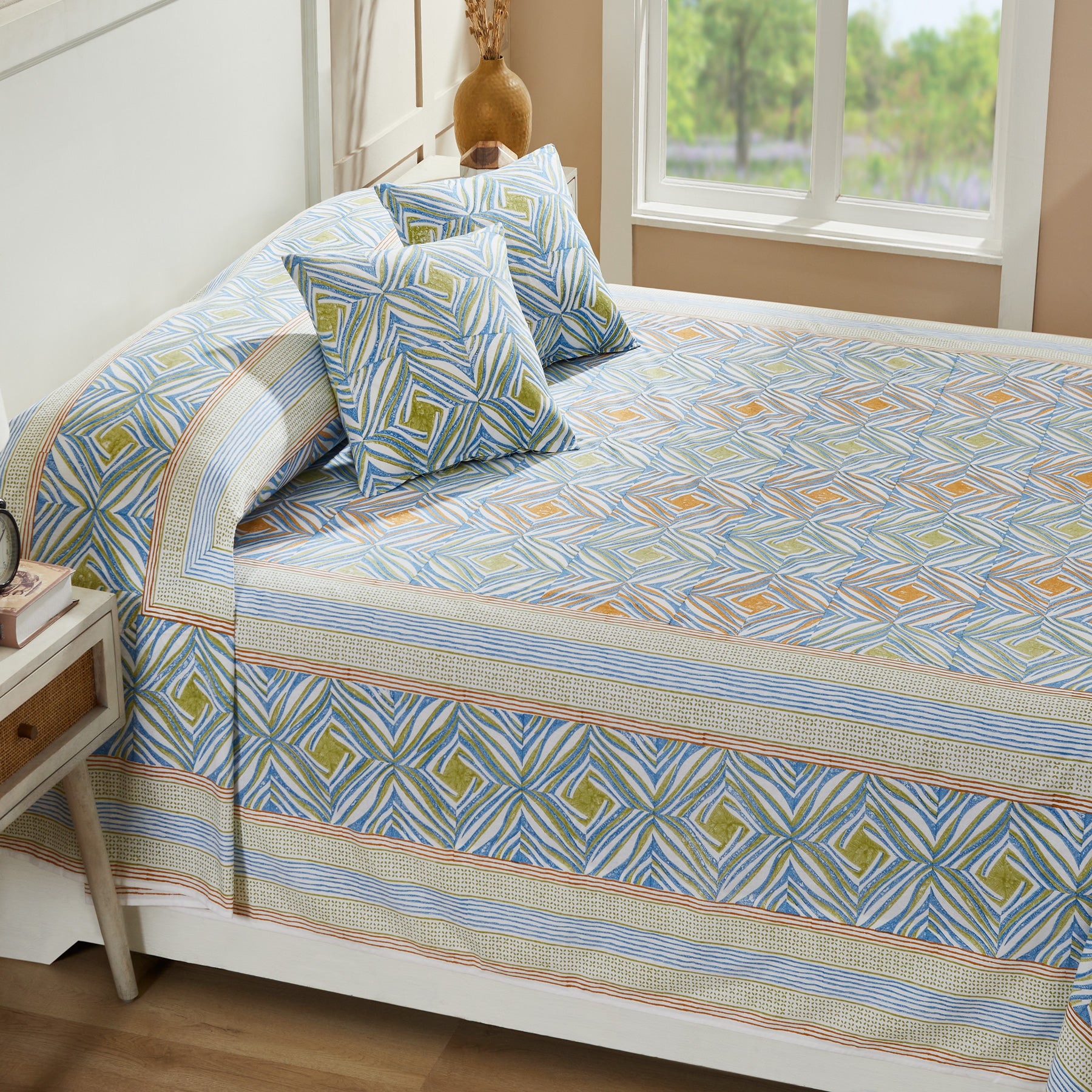 Monochromatic Mustard & Blue Hand Block Printed Cotton Bedcover (40th Edition)