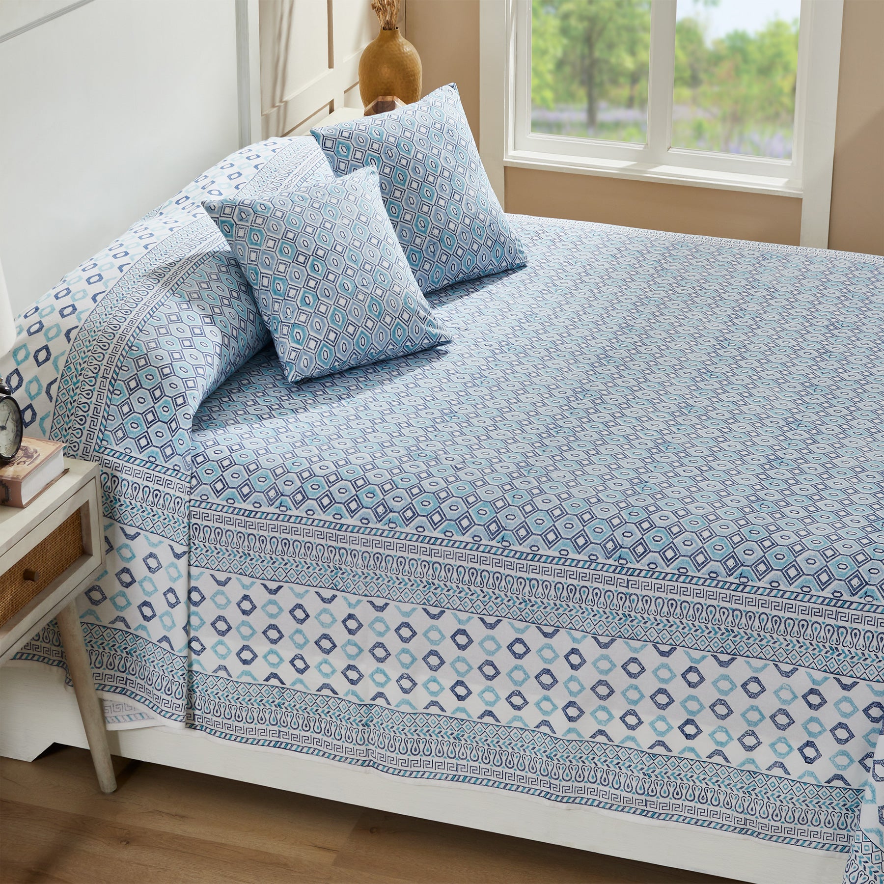 Geometric Aqua Blue Hand Block Printed Cotton Bedcover