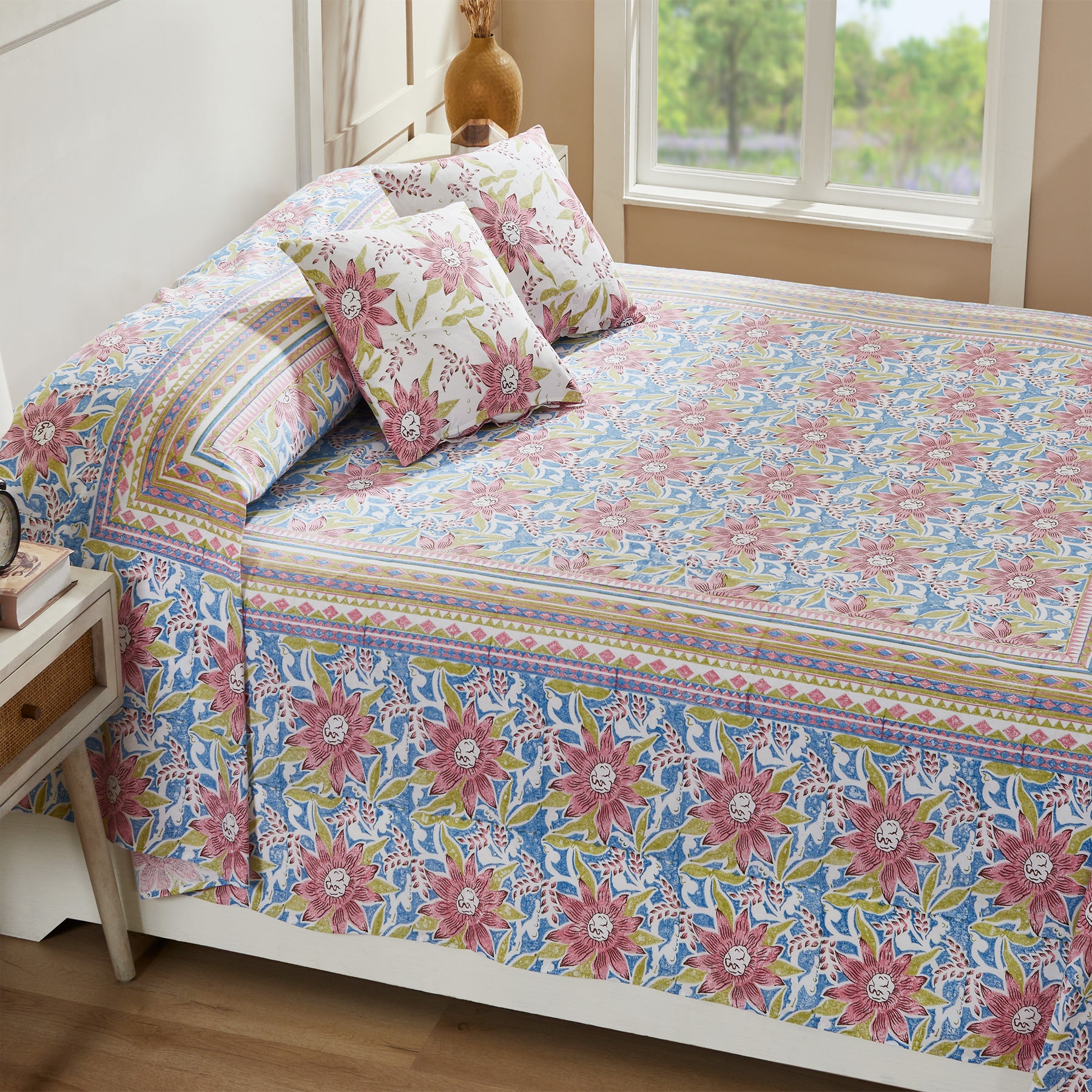 Sunflower Green & Pink Hand Block Printed Cotton Bedcover