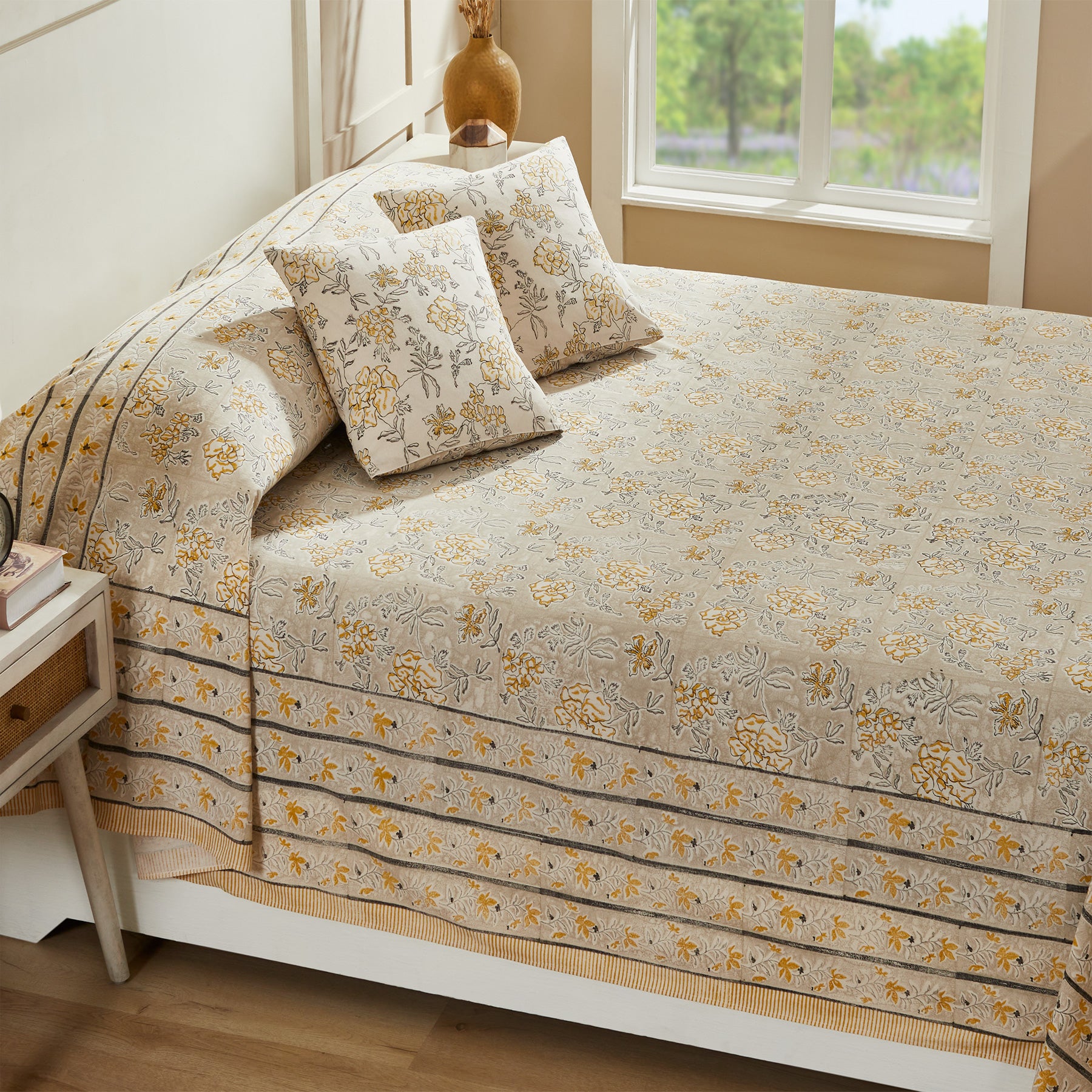 Vintage Mustard & Charcoal Hand Block Printed Cotton Bedcover (40th Edition)