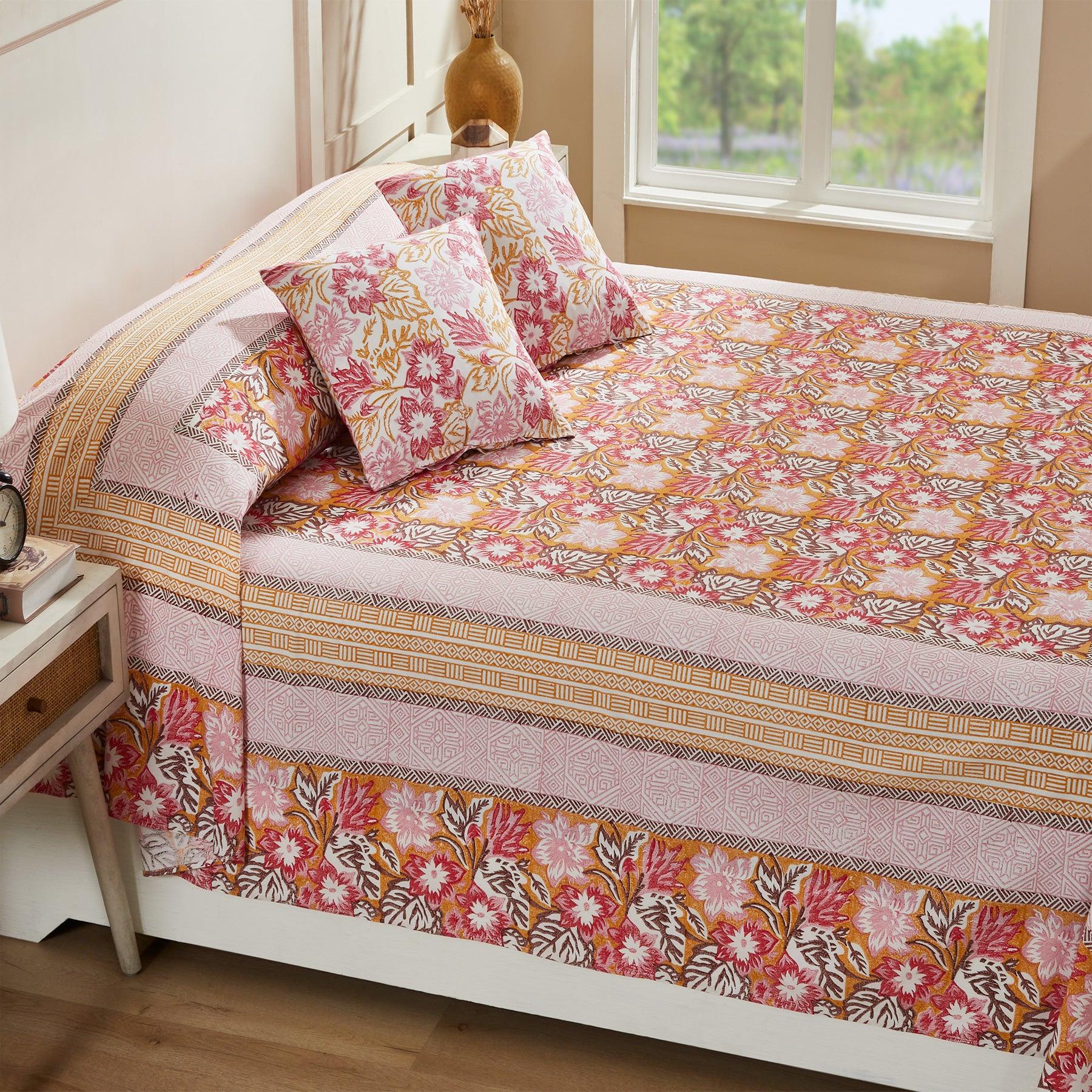 DIY Spring Mustard & Brown Hand Block Printed Cotton Bedcover