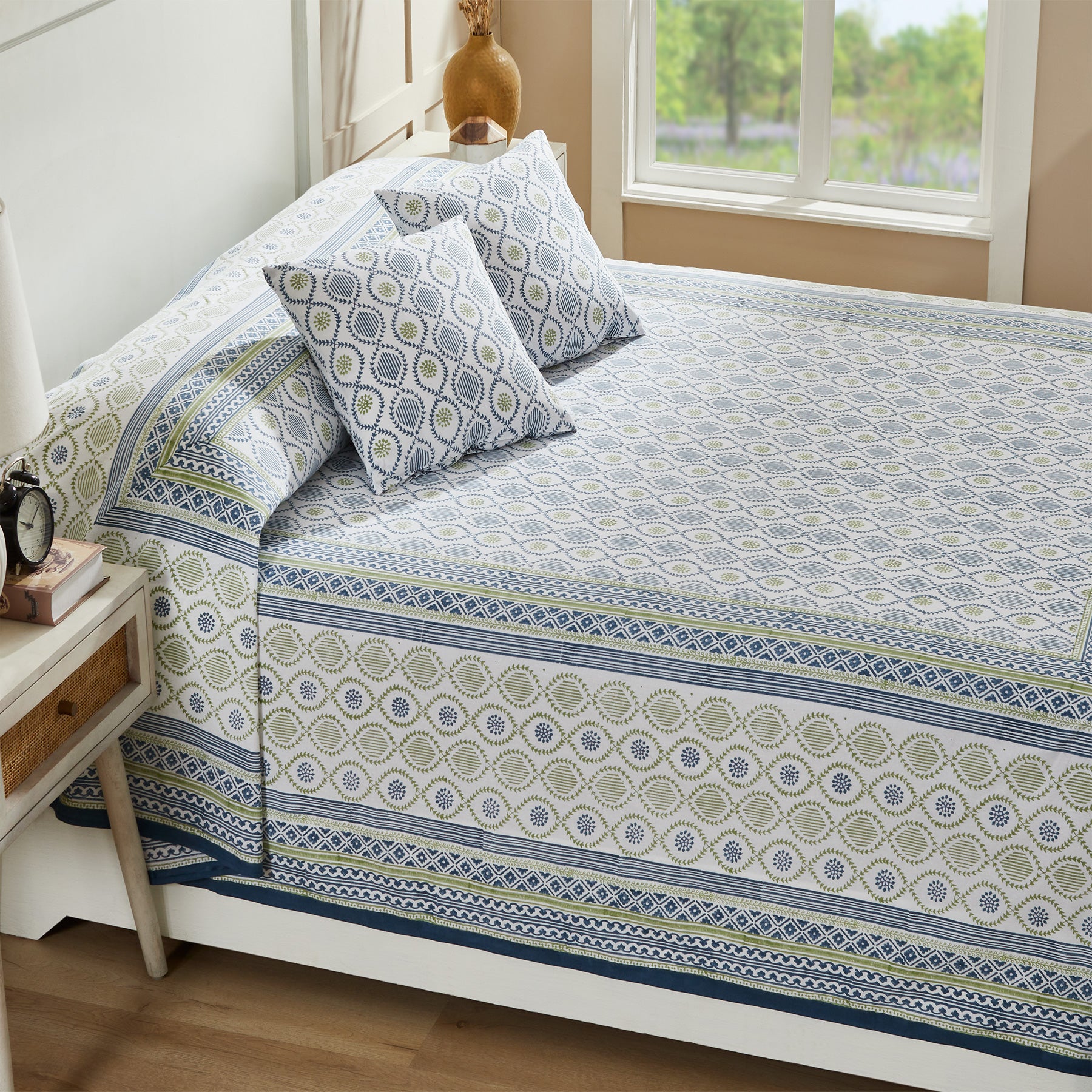 Ogee Blue & Green Hand Block Printed Cotton Bedcover